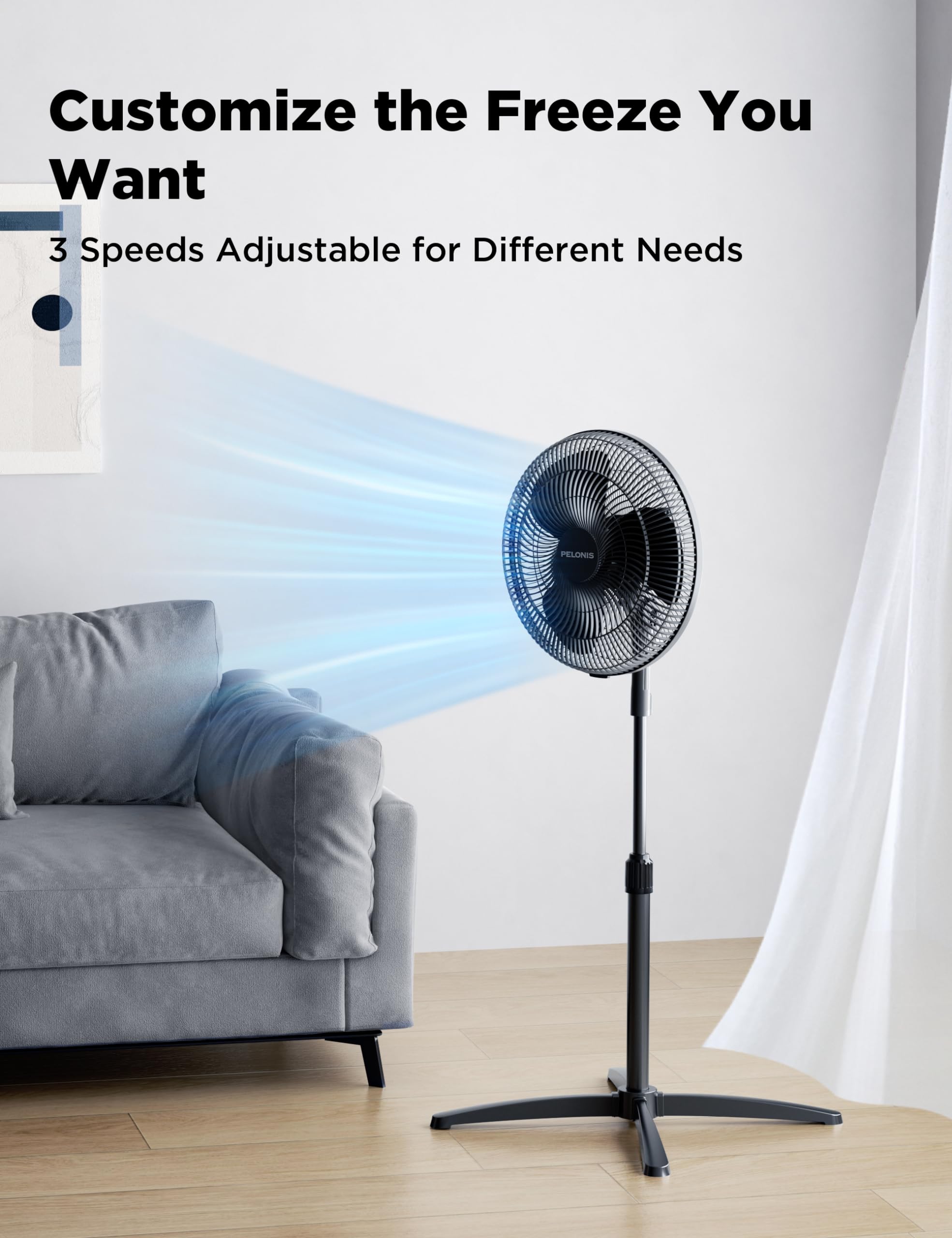 Pelonis 16 Pedestal Stand Up Oscillating Fan With 3 Speeds Settings Ultra Quiet Adjustable Heights For Bedroom, Living Room, Hom