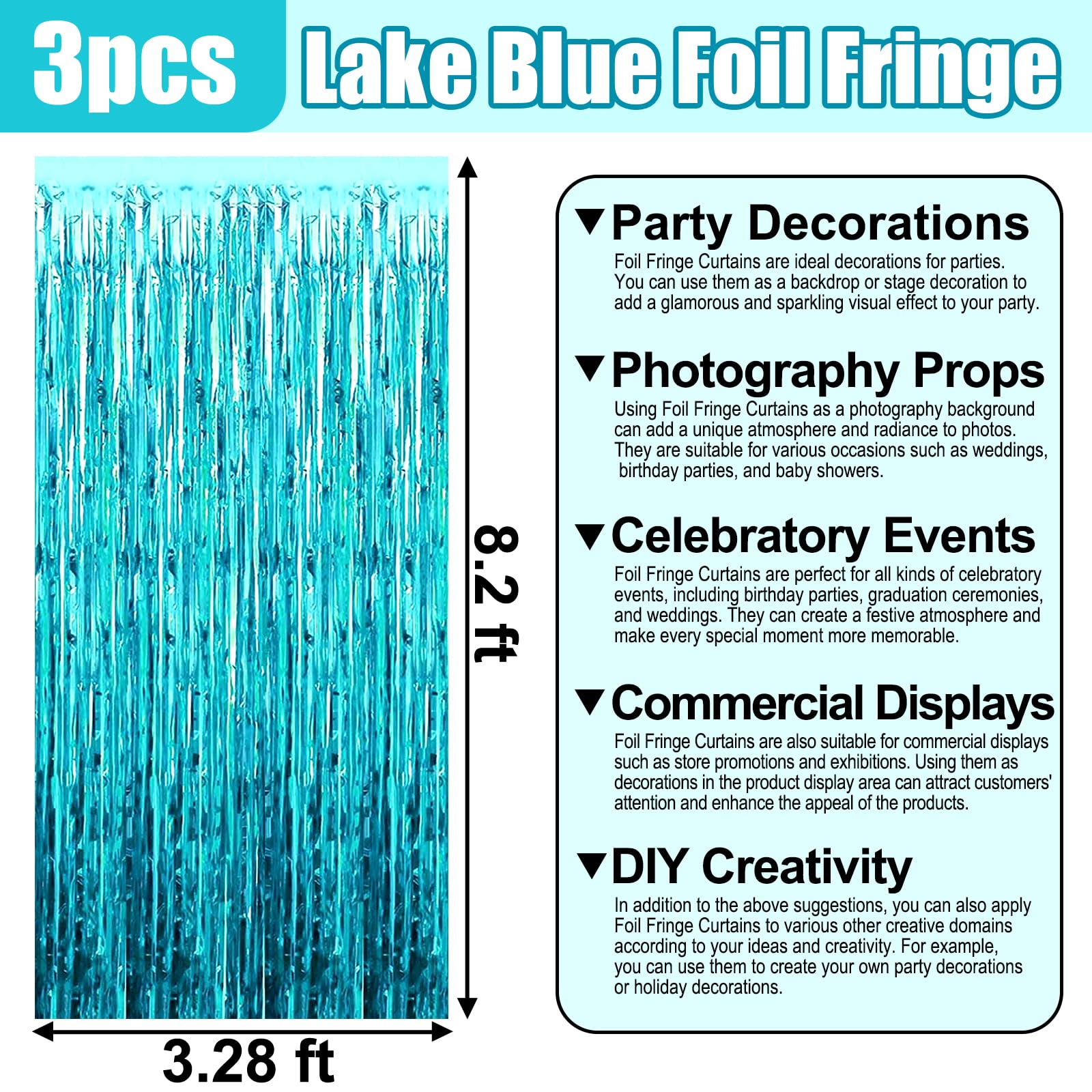 3 Pack Lake Blue Foil Fringe Curtain Backdrop, 3.28Ft X 8.2Ft Metallic Tinsel Foil Fringe Streamer Curtains For Photo Booth, Chr