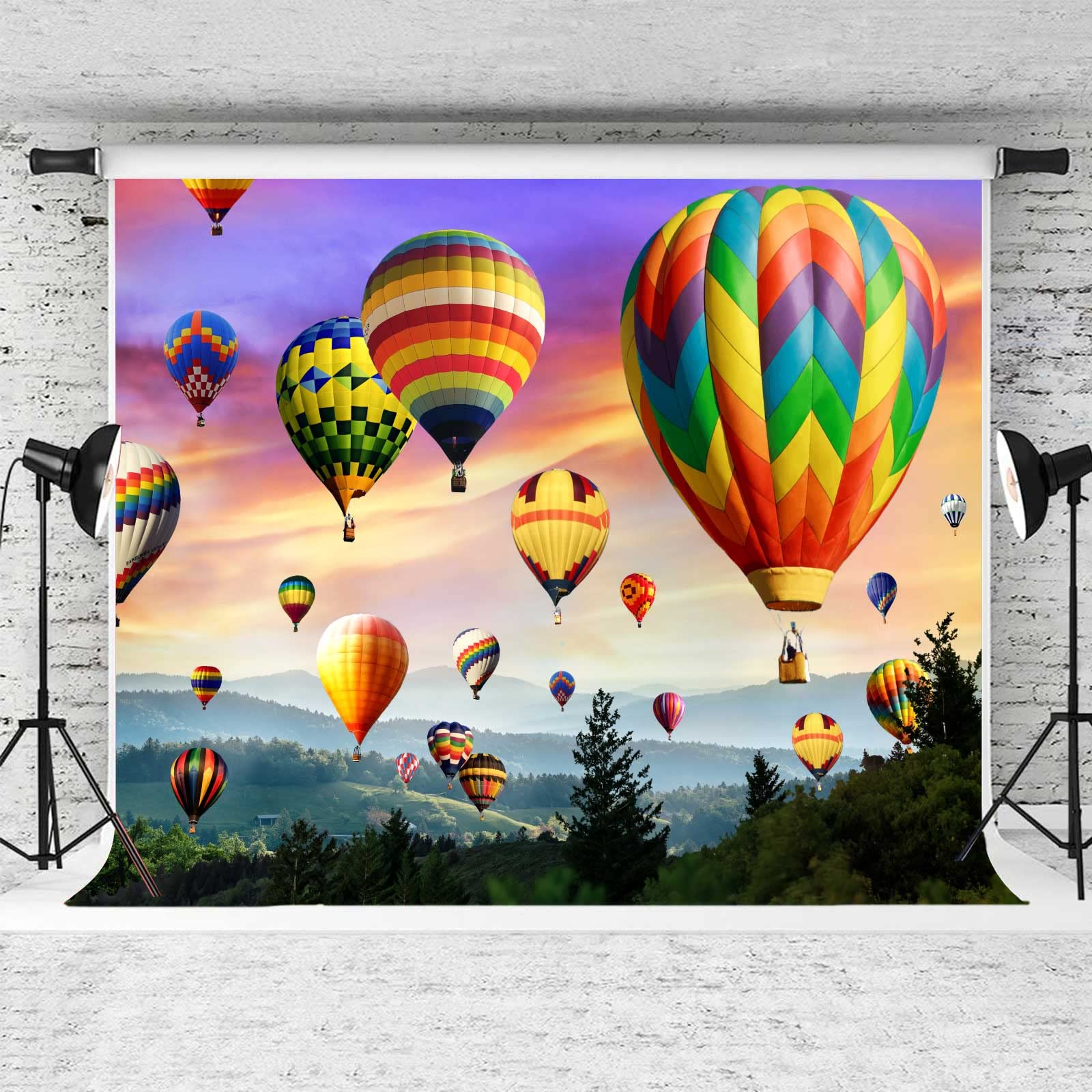 Emdspr Hot Air Balloon Backdrop, 7X5Ft Vinyl, Colorful Rainbow Sky Romantic Mountains Photography Background Travel Party Decor
