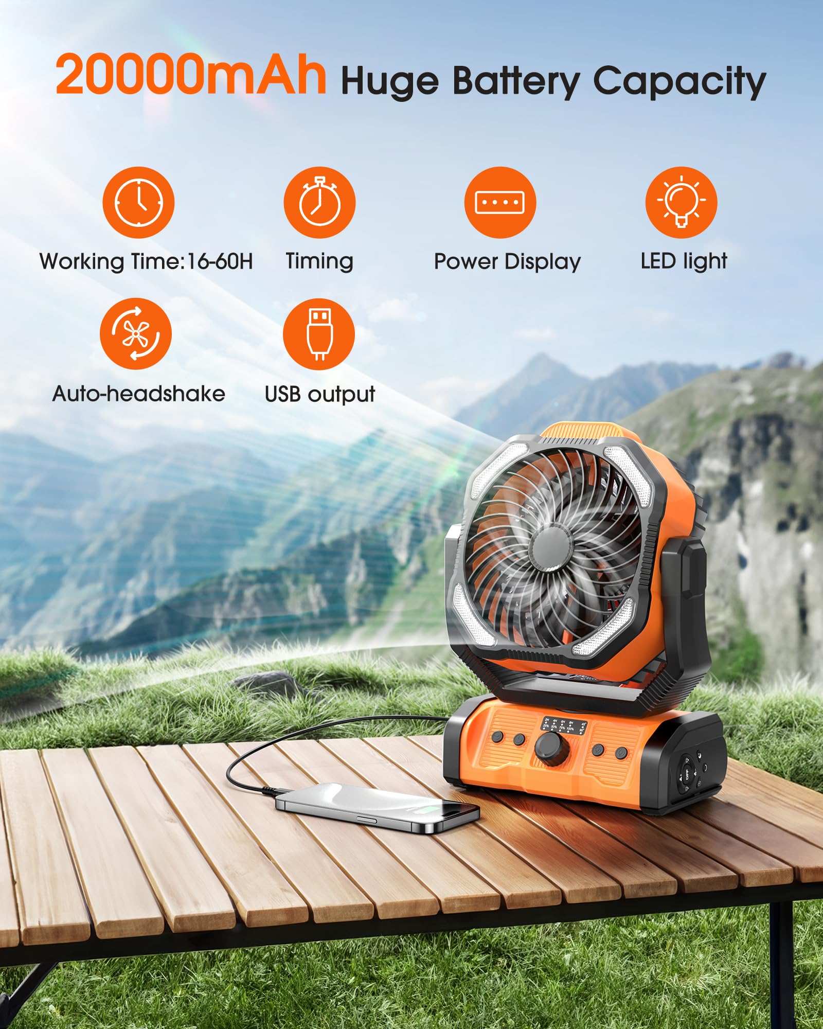 Peouix Portable Rechargeable Camping Fan   20000Mah Cordless Battery Powered Tent Fans With Led Lantern, Remote Auto Oscillating