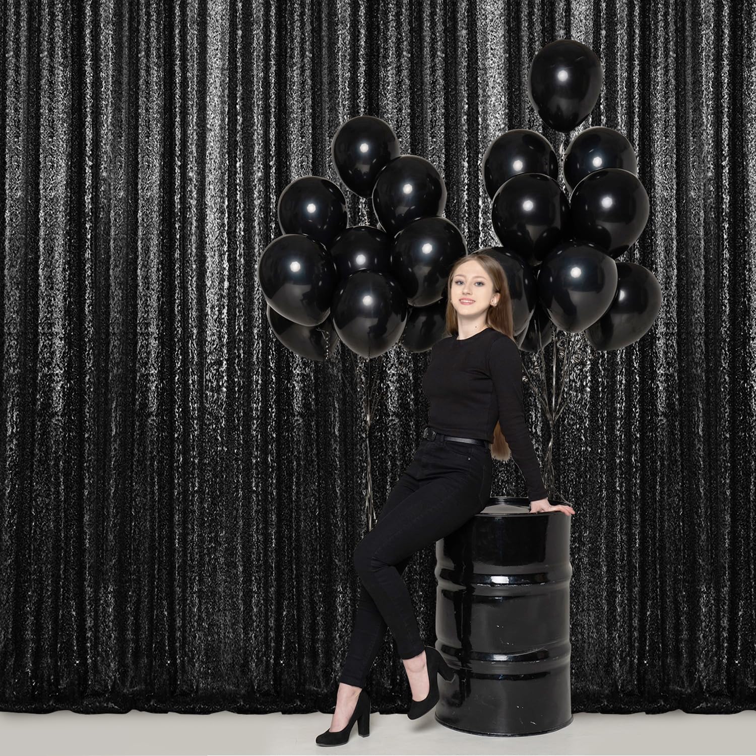 2  8Ft 2Pcs Black Sequin Backdrop Curtains Panels, Photography Backdrop Glitter Curtains Fabric Background For Wedding Party Dec