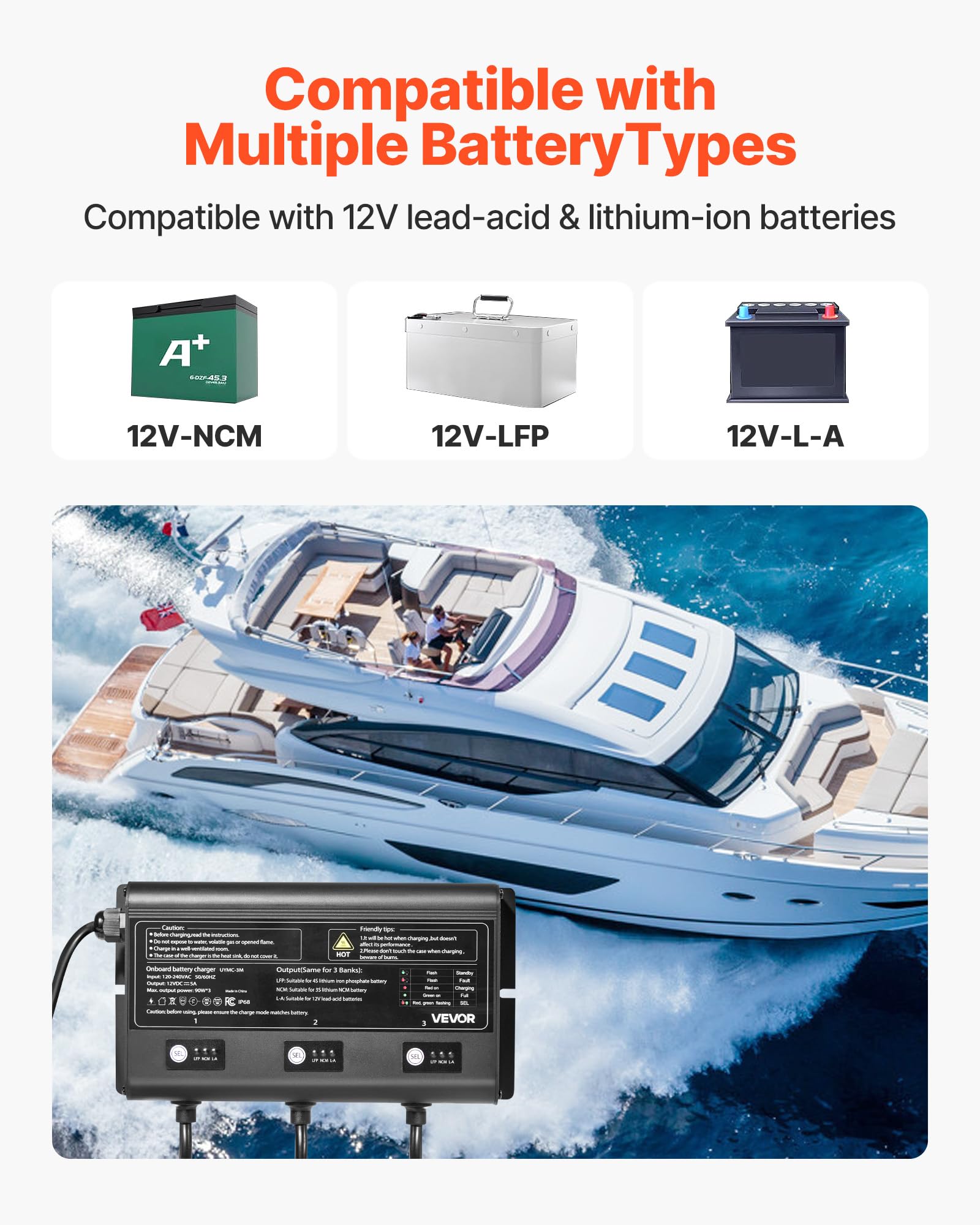 Vevor Marine Battery Charger, 3-Bank, 5A    3, 12V Onboard Boat Charger, Ip68 Waterproof Smart On-Board Battery Charger For Lith