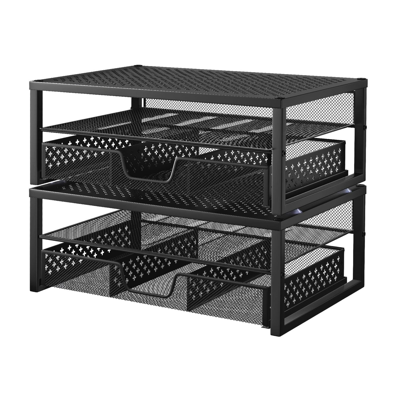 Simple Trending 2 Pack 2 Tier Metal Monitor Riser Stand And Computer Desk Organizer With Drawer, Black