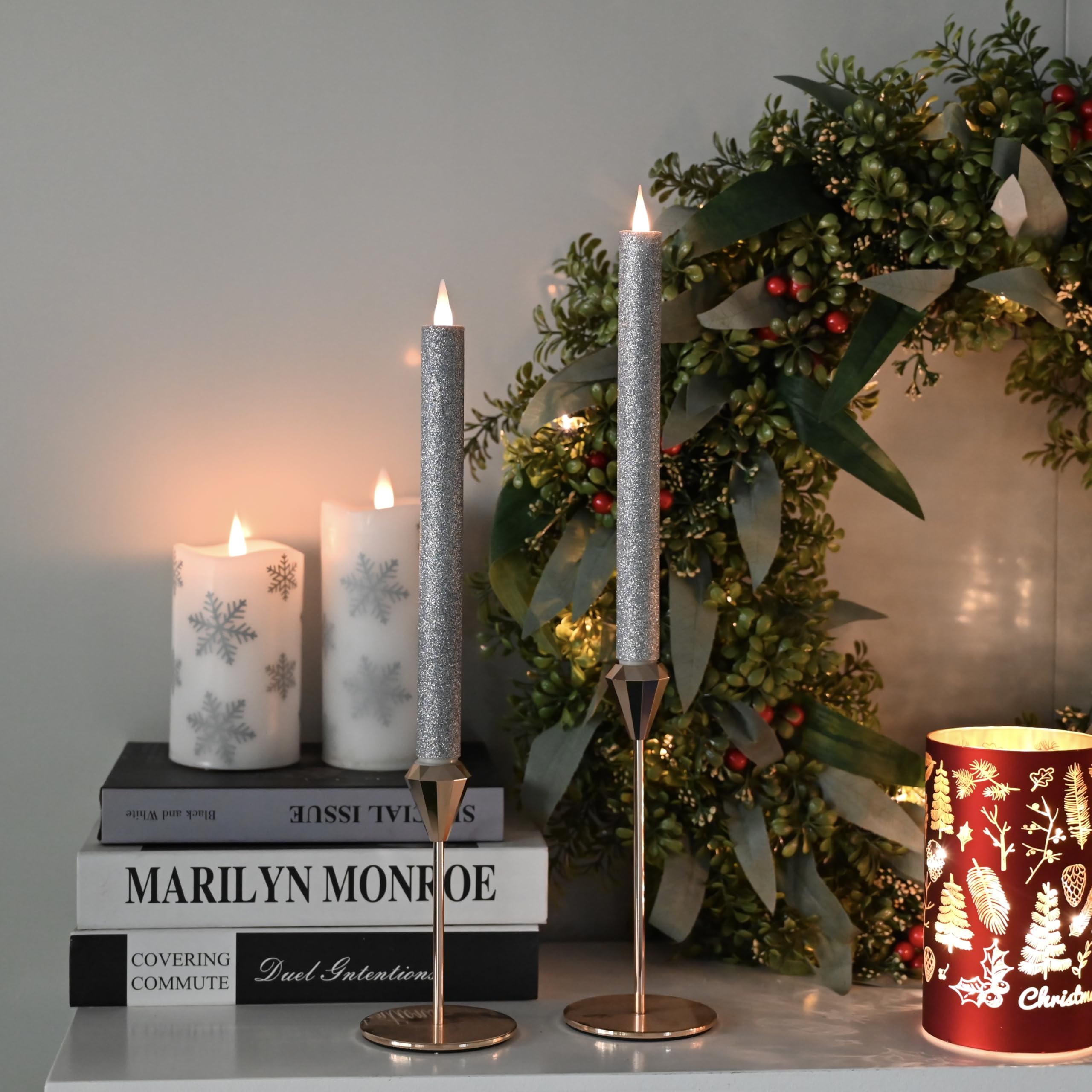 Cozierglow Glitter Silver 9 Inch Battery Operated 3D Moving Flame Taper Candles With Remote And Timer, Pack Of 2