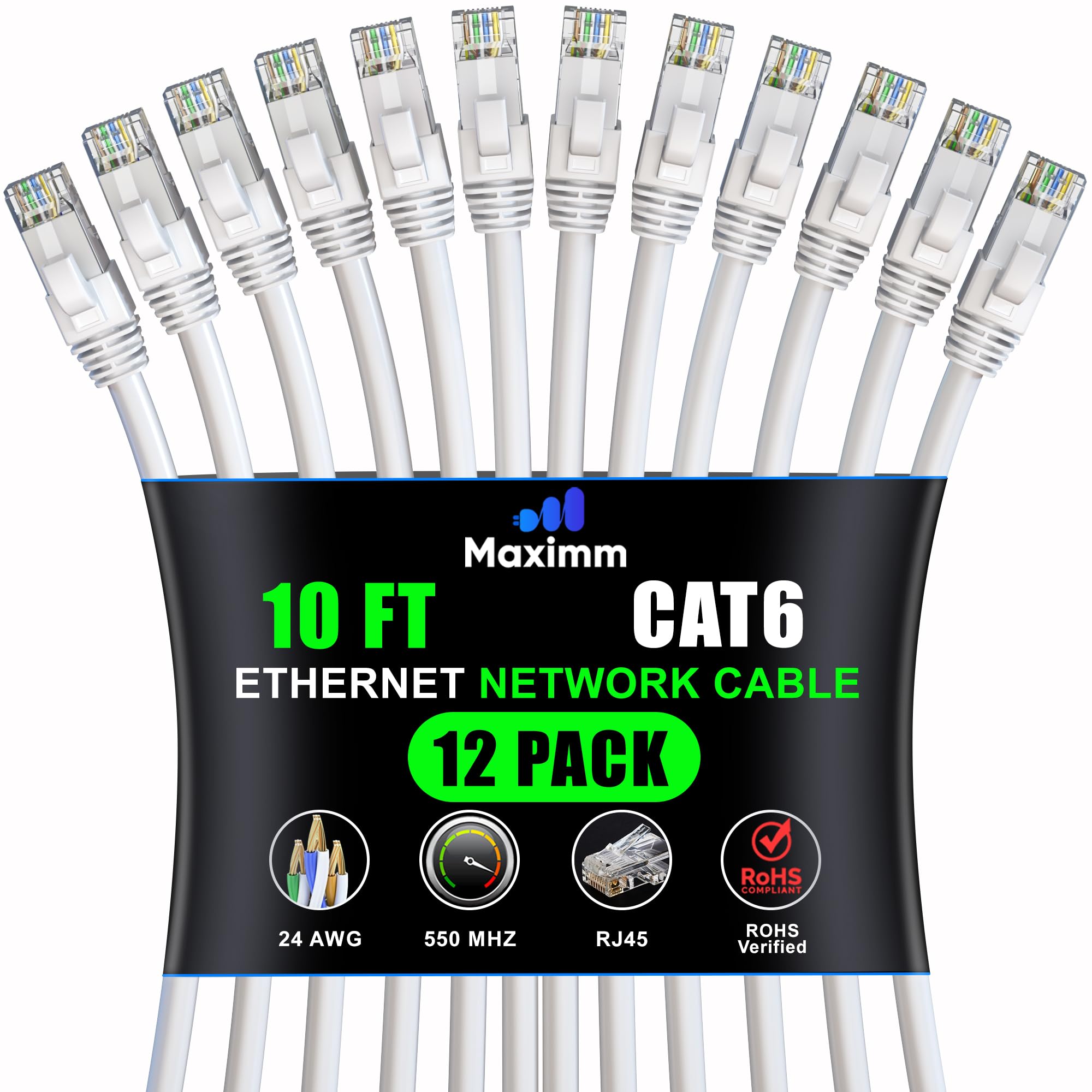 Maximm Cat 6 Ethernet Cable 10 ft (12Pack)  HighSpeed LAN Cable, Internet Cable, Patch Cable, and Network Cable  UTP, 10Gbps