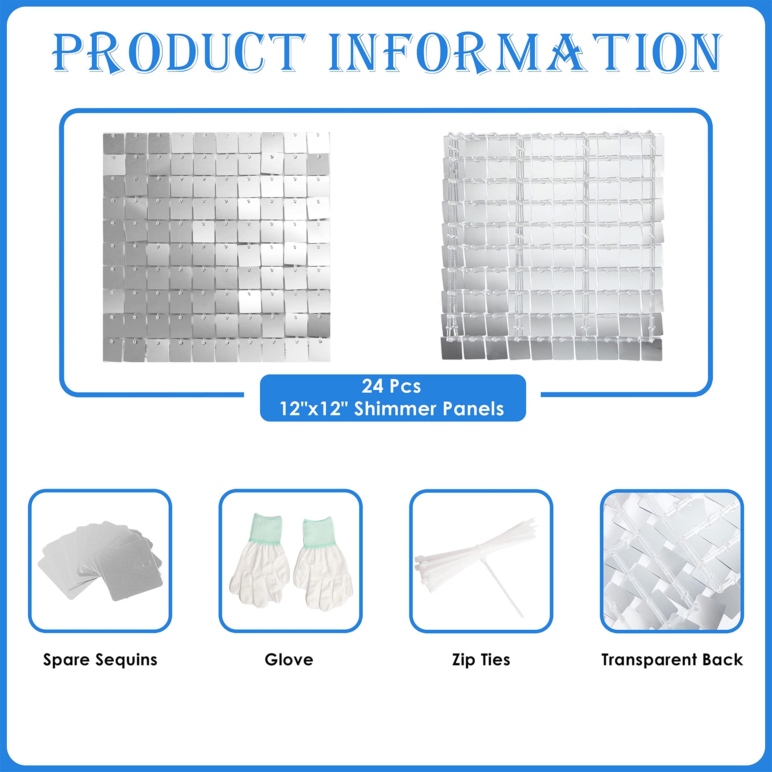 Shimmer Wall Backdrop Silver Square Sequin Wall Panel Backdrop Decor For Wedding, Anniversary, Birthday, Party, 24 Panels