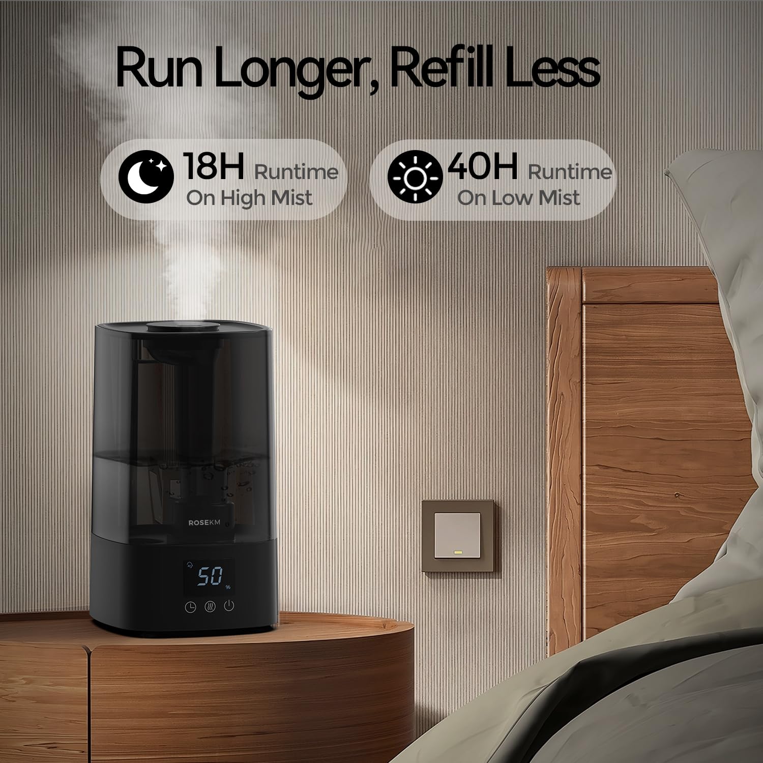 Rosekm Automatic Humidifiers For Bedroom Large Room, 4.5L Cool Mist Humidifier For Home & Plant With Timer & Humidity Sensor, La