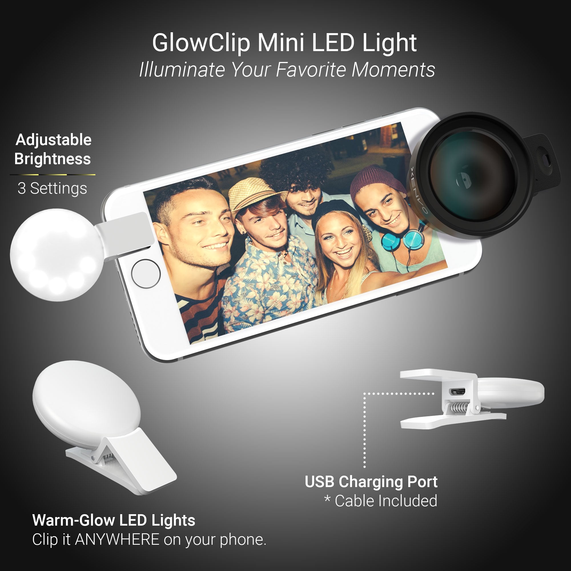 Xenvo Pro Lens Kit For Iphone And Android, Macro And Wide Angle Lens With Led Light And Travel Case Black