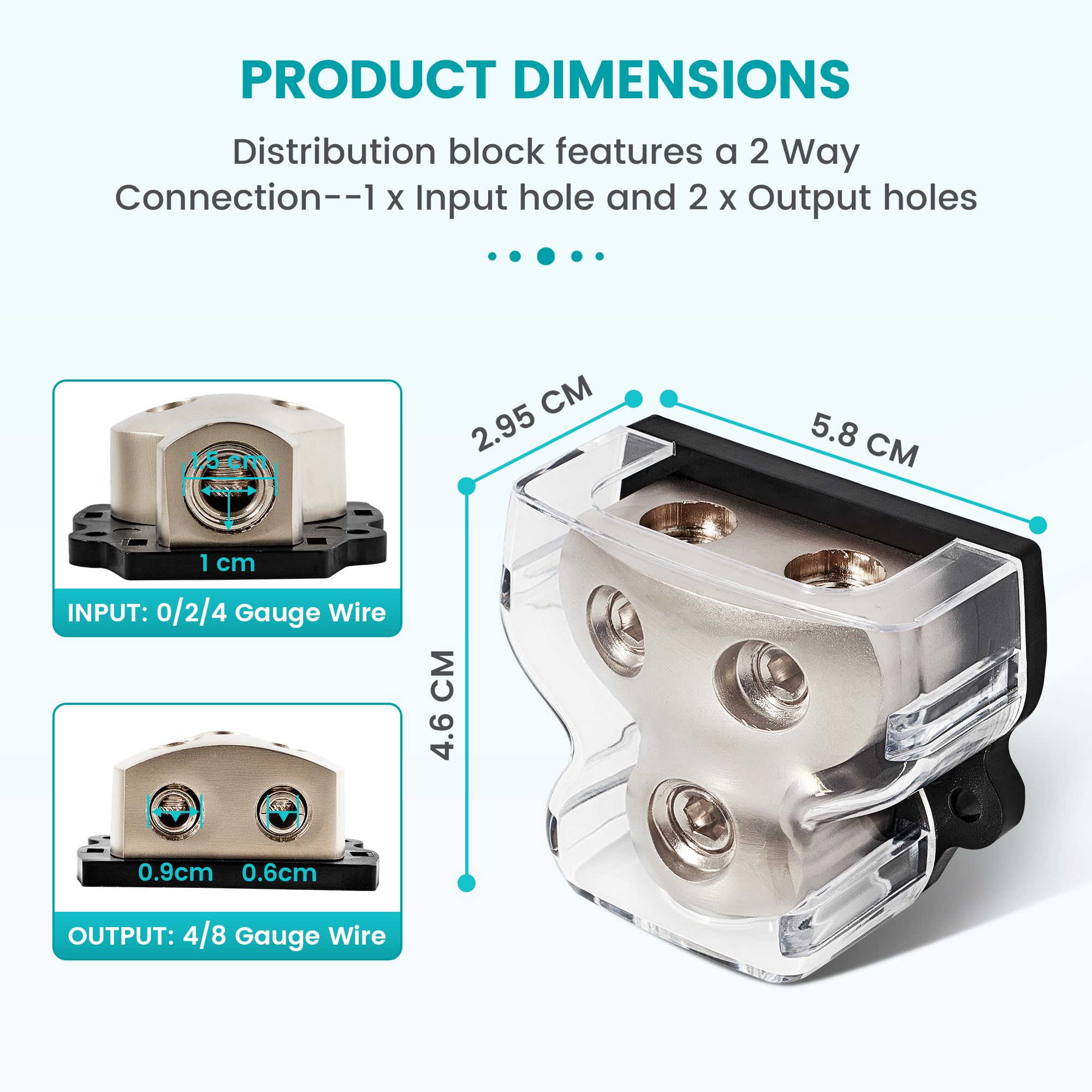 Nuith 2 Way Zine Alloy Power Distribution Block, 0/2/4 Gauge In 4/8 Gauge Out Auto Car Audio Distribution Connecting Block, 2 Wa
