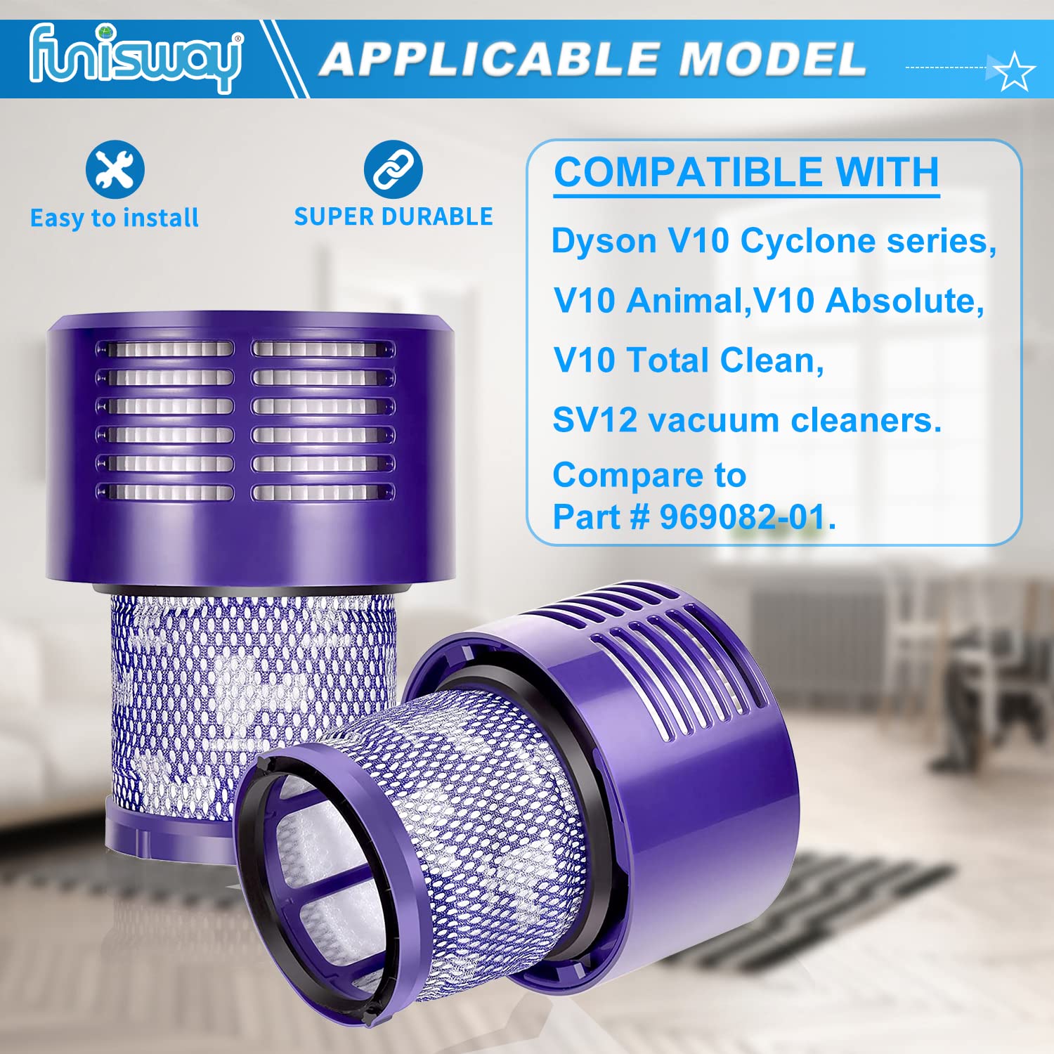 2 Pack Replacement V10 Filters For Dyson V10 Cyclone Series, V10 Animal, V10 Absolute, V10 Total Clean, Sv12, Replace Part 96908