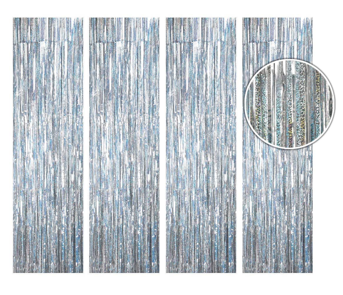 Btsd Home 4 Pack Laser Silver Foil Fringe Curtain Holographic, Metallic Photo Booth Tinsel Backdrop Door Curtains For Wedding Bi