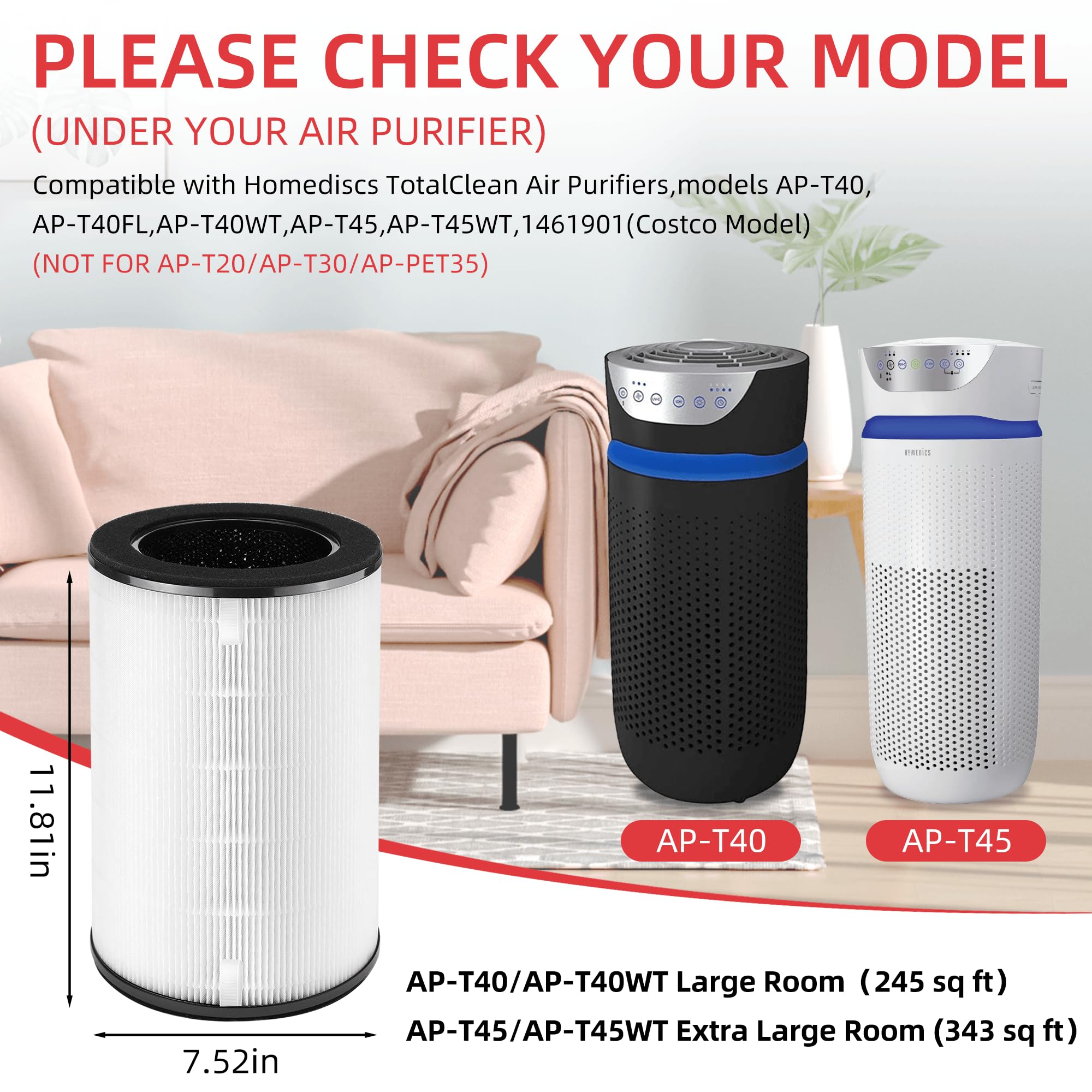 Ap T40Fl Ap T45 Replacement Filter For Homedics Total Clean 5 In 1 Air Purifier Replaces Ap T40, Ap T40Wt, Ap T45 Bk, Ap T45 Wt,