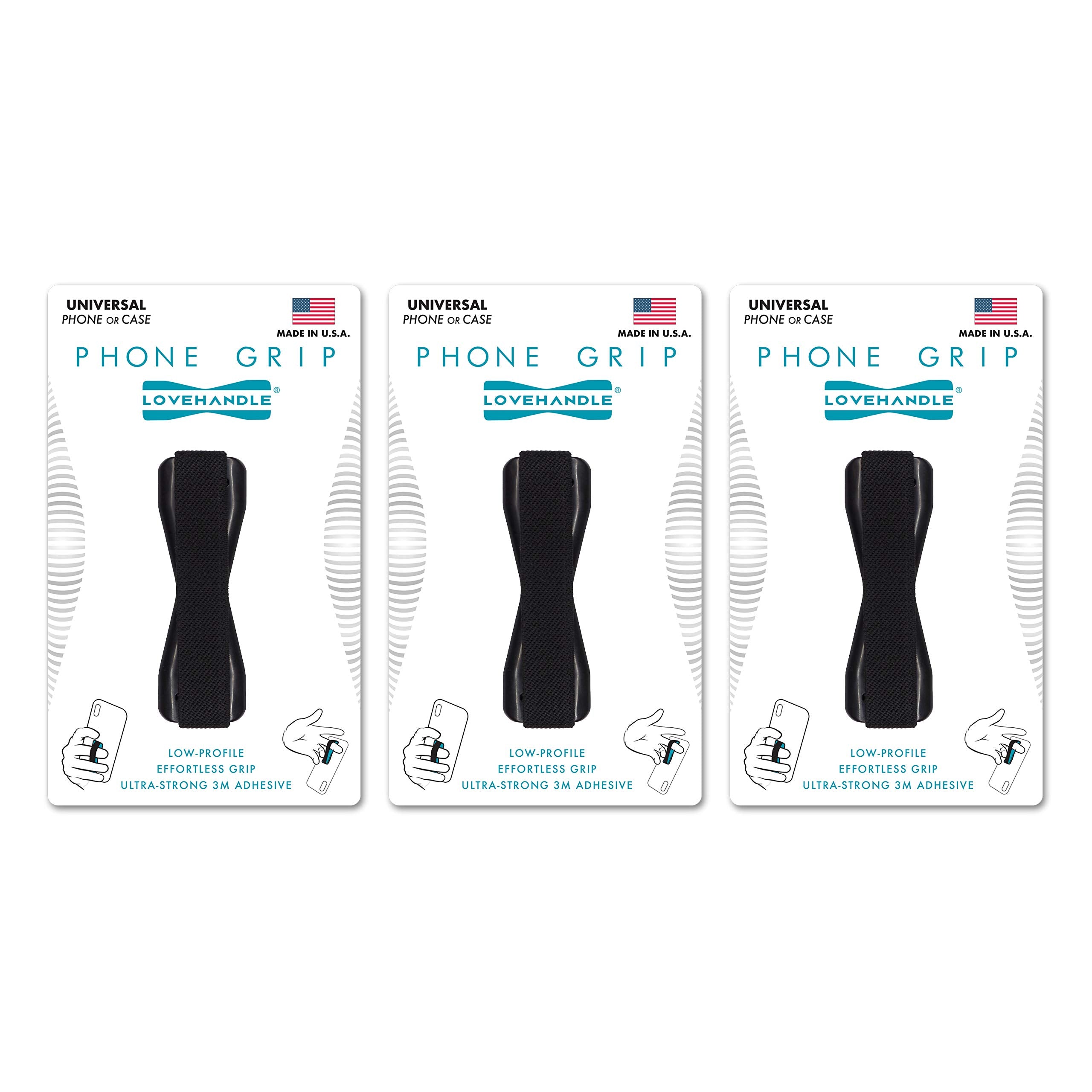 Lovehandle Universal Phone Grip For Most Smartphones, Mini Tablets And Cases, Black Elastic Strap With Black Base, Pack Of 3, Lh 03