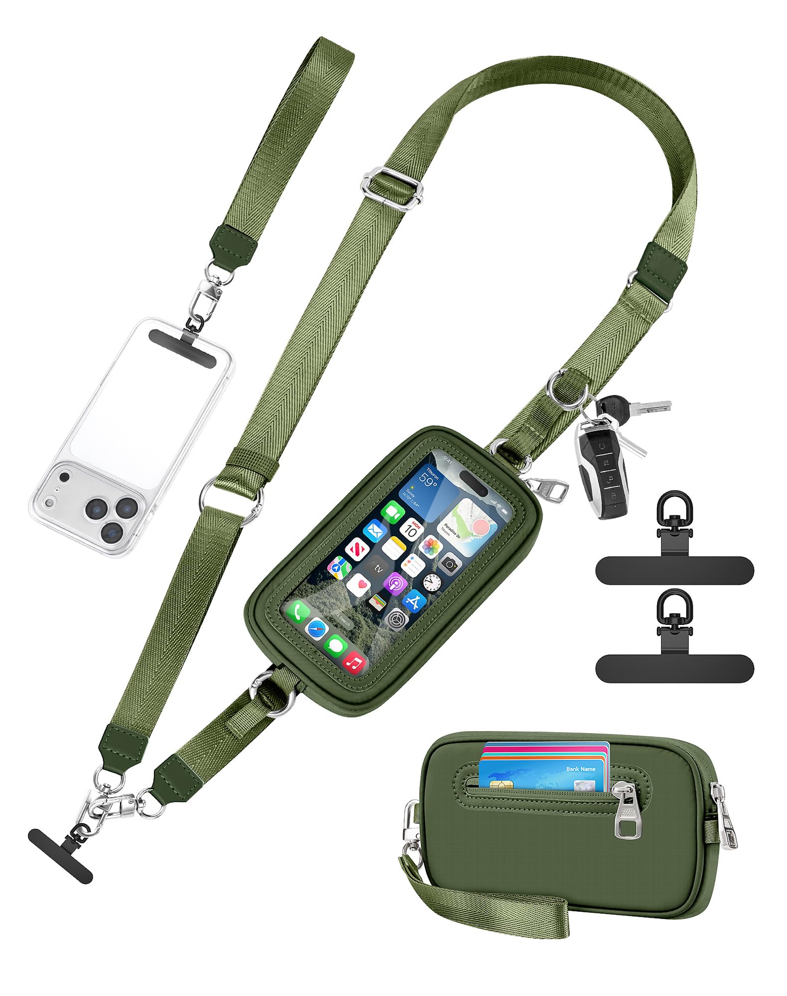 SHANSHUI Clip and Go Phone Strap Wallet Crossbody Phone Lanyard, Detachable Wristlet Strap with Zipper Phone Screen ID Window, 2