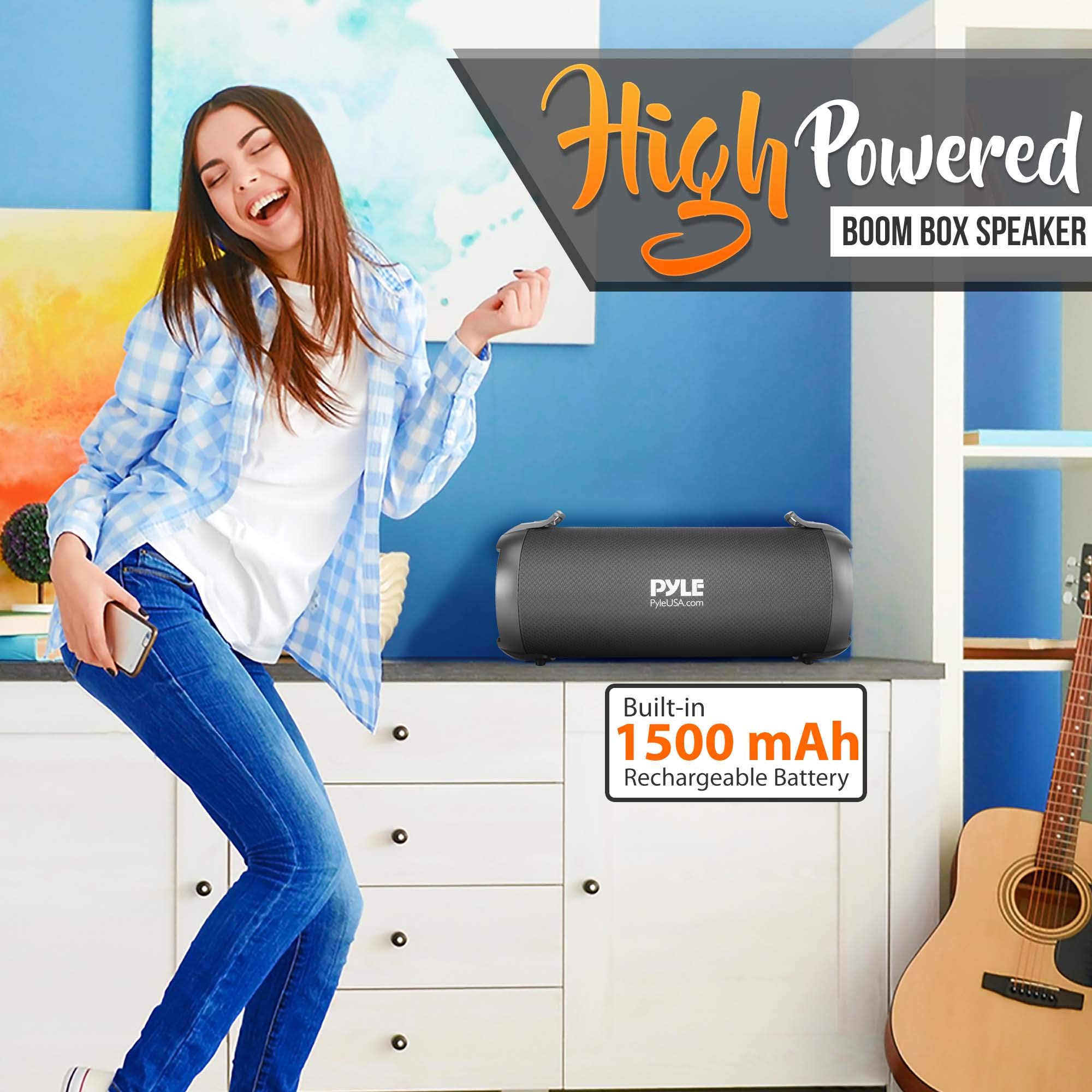 Pyle Wireless Portable Bluetooth Boombox Speaker - 100 Watt Rechargeable Boom Box Speaker Portable Music Barrel Loud Stereo Syst