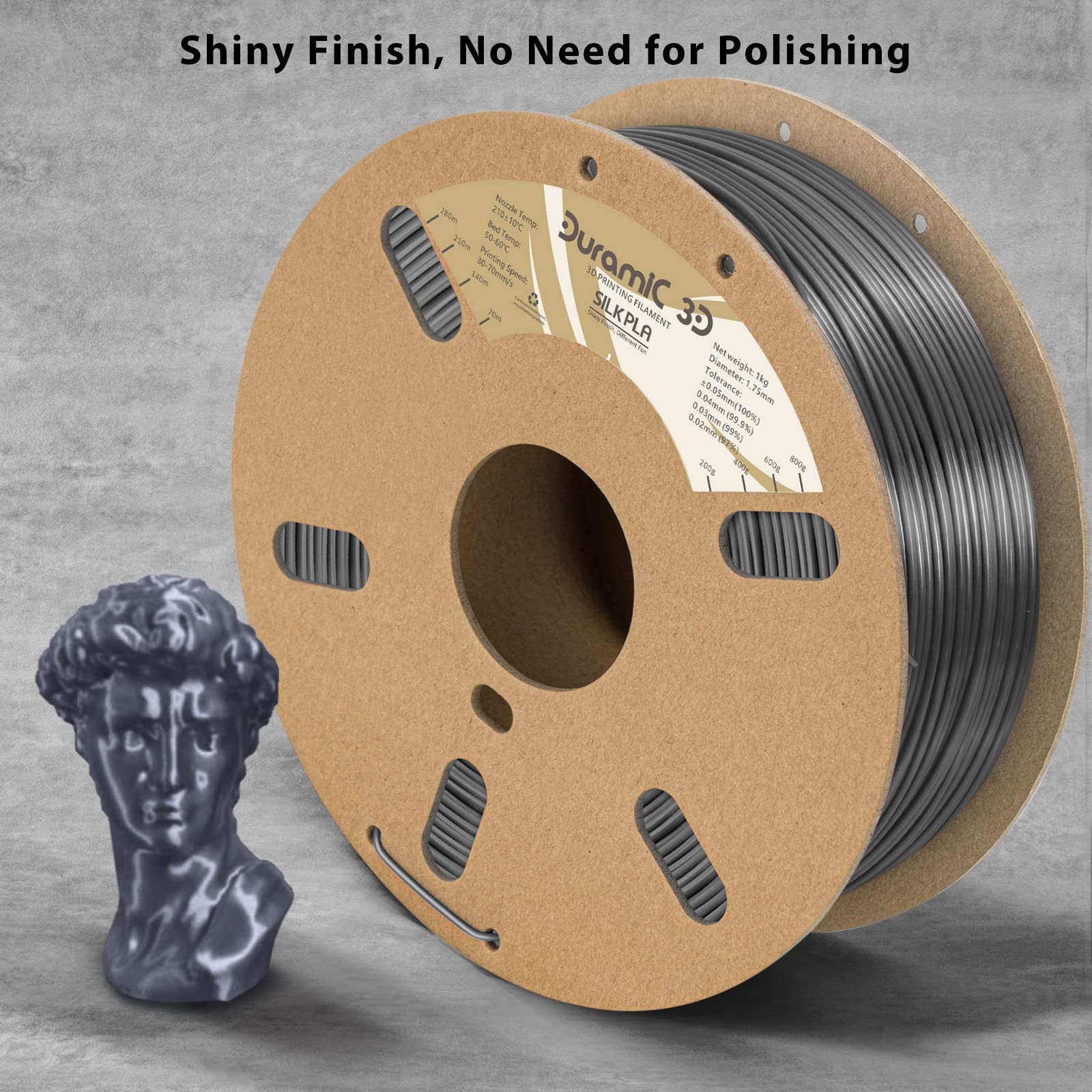 Duramic 3D Shiny Silk Pla Filament 1.75Mm Shiny Metallic Pla Filament Dimensional Accuracy +/- 0.05 Mm Silver