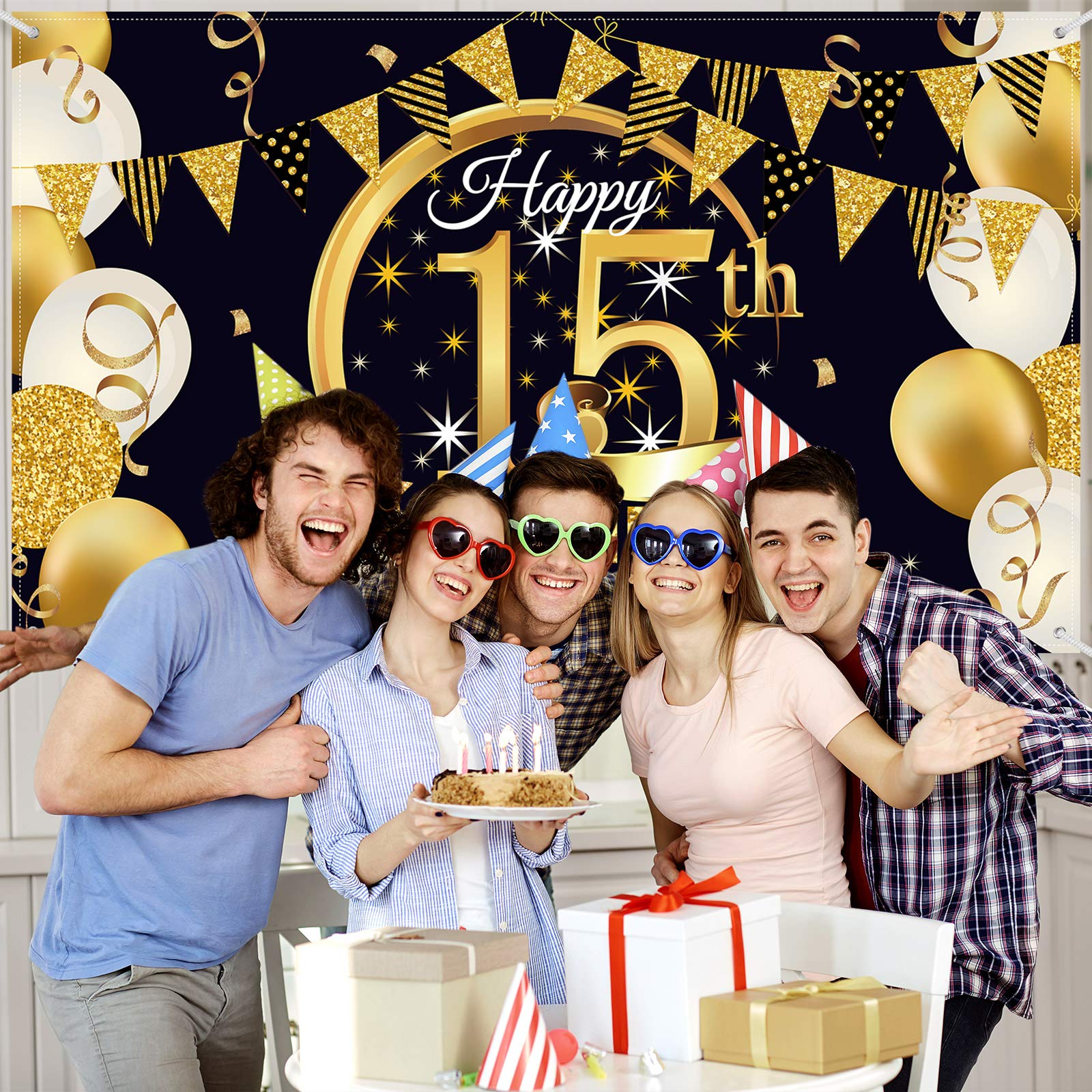 15Th Birthday Party Decoration, Extra Large Fabric Black Gold Sign Poster For 15Th Anniversary Photo Booth Backdrop Background B