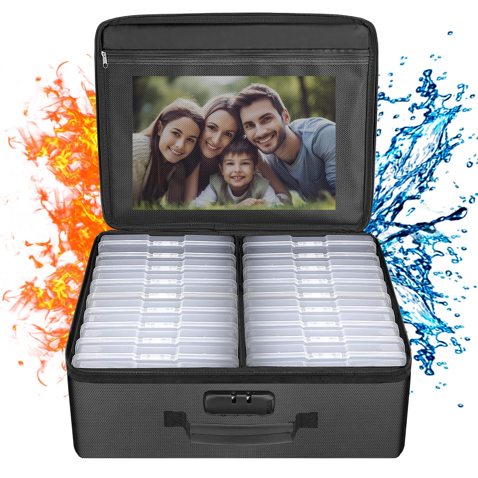 Engpow Photo Storage Box With 18 Inner 4'' X 6'' Photo Case(Clear),Fireproof Photo Organizer Box With Lock,Collapsible Portable