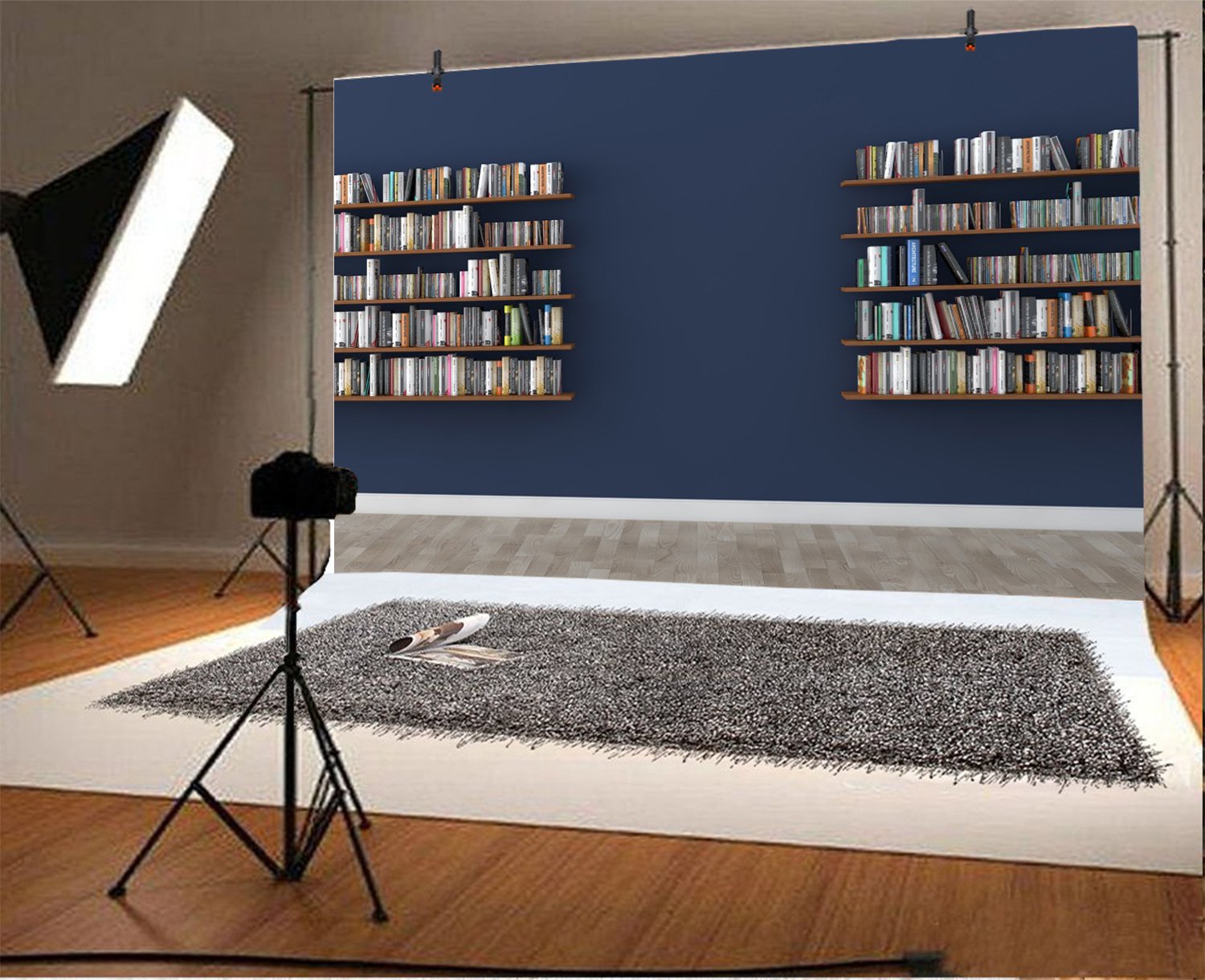 Leyiyi 5X3Ft Photography Background Study Interior Backdrop Happy Birthday Wooden Bookshelf Wedding Booth Grunge Cement Floor Hardcover Books Reading Office Photo Portrait Vinyl Studio Video Prop