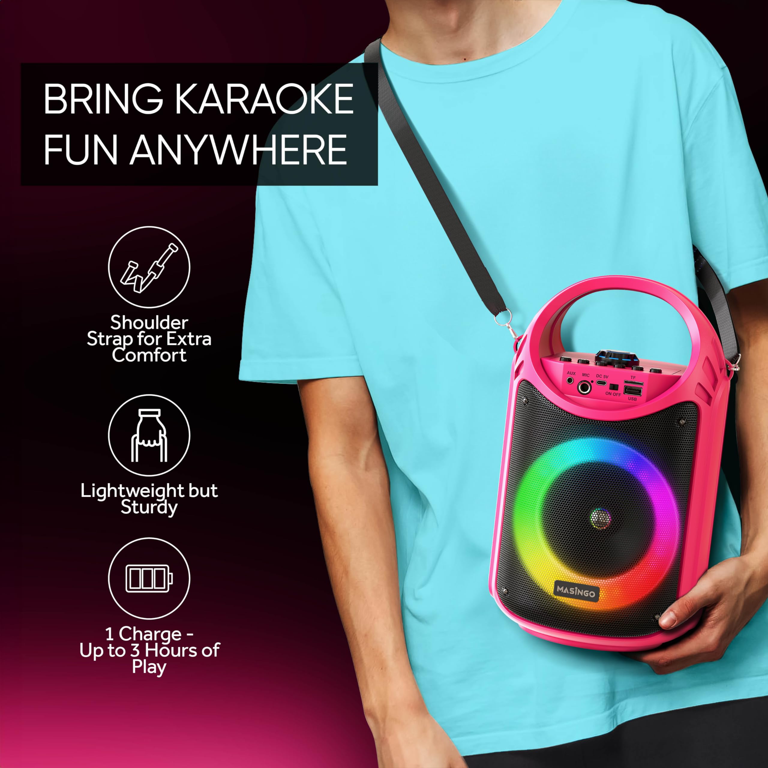 Masingo Karaoke Machine For Kids And Adults With 2 Wireless Bluetooth Microphones, Pa Portable Speaker With Colorful Led Lights,