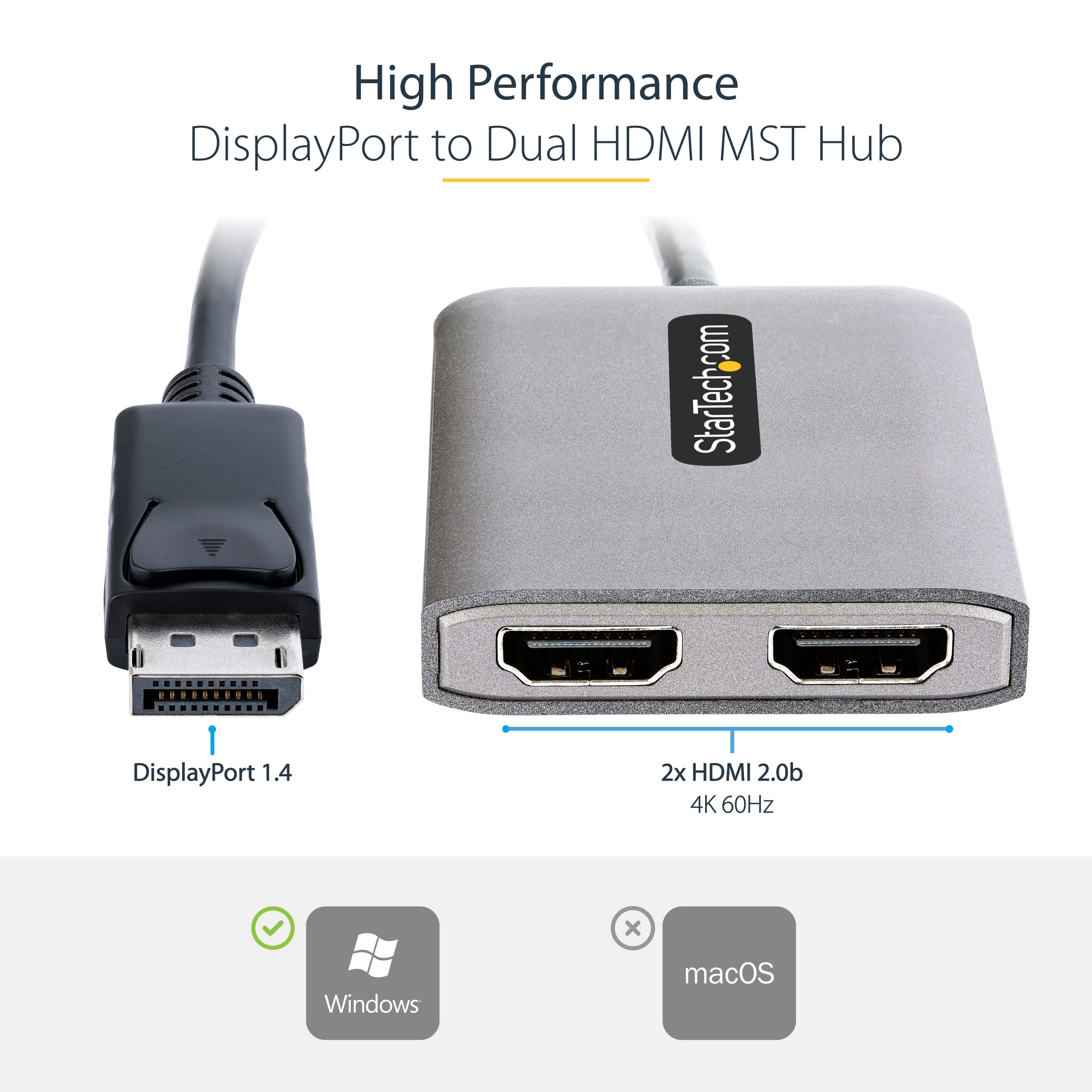 Startech.Com Dp To Dual Hdmi Mst Hub   Dual Hdmi 4K 60Hz   Displayport Multi Monitor Adapter With 1Ft / 30Cm Cable   Dp 1.4 Mult