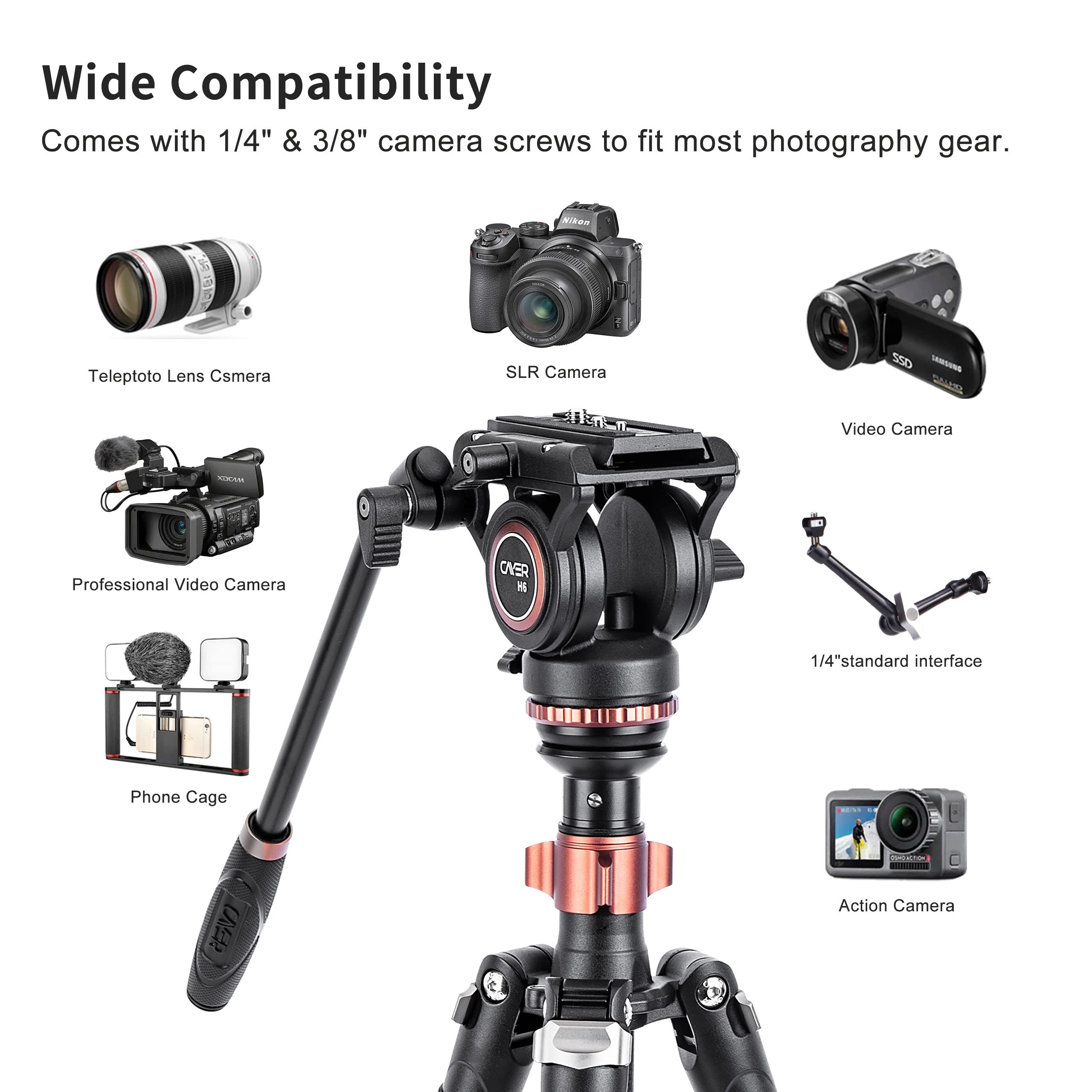 Cayer CF2451 Carbon Fiber Tripod Kit - 75" Video Tripod with Fluid Head, 4-Section Stand, Max Load 13.2lb, Black for DSLR & Camcorder