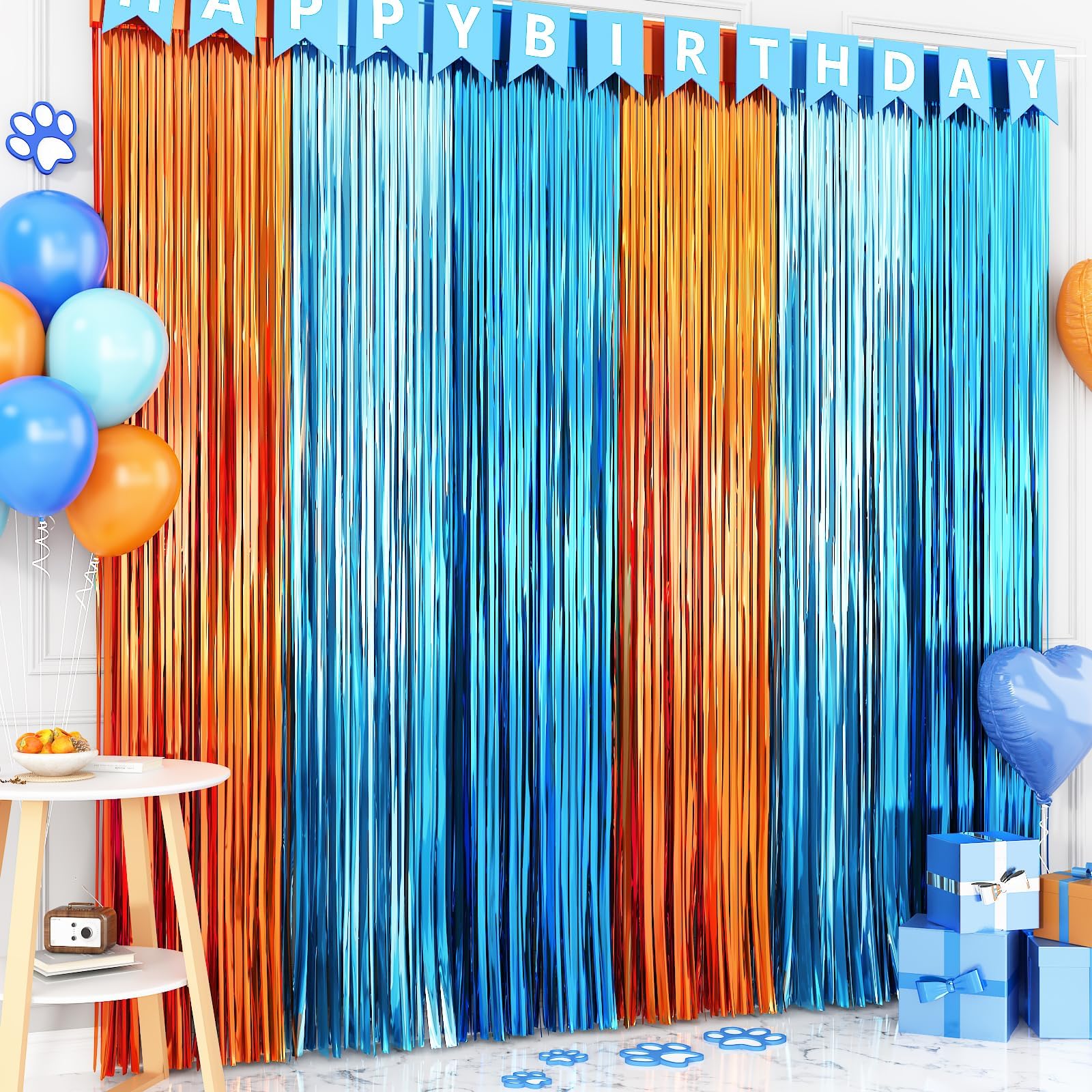 Blue Dog Party Decorations, 2 Packs Of 3.3X6.6 Ft Blue And Orange Foil Fringe Curtains, Blue Orange And Light Blue Tinsel Backdr