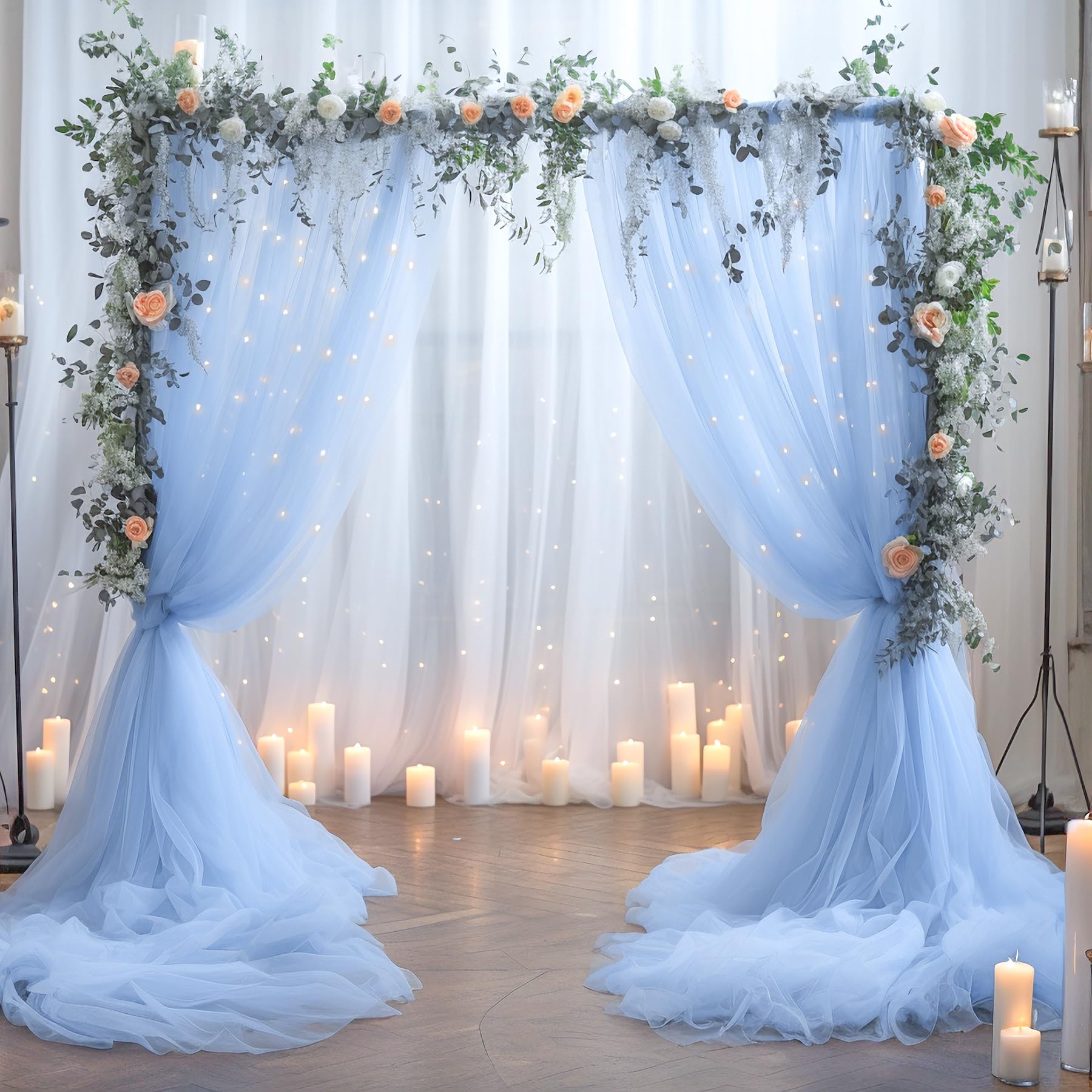Baby Blue Sheer Tulle Backdrop Curtains With Lights String For Parites Baby Shower Decorations For Boy Bridal Shower Birthday Pa