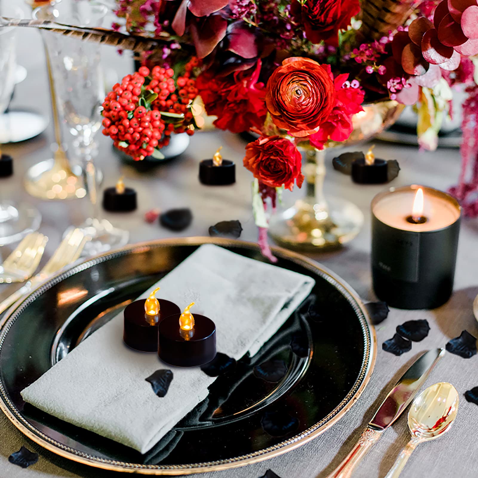 Lanker 500 Pcs Black Artificial Rose Petals With 24 Pcs Black Long Lasting Battery Operated Flickering Flameless Tea Lights Cand