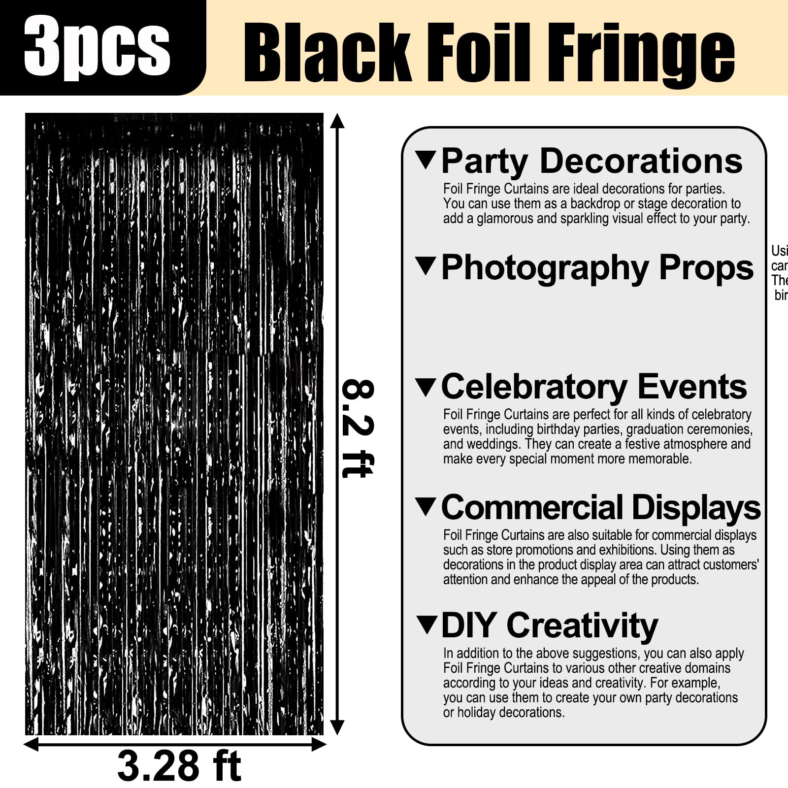 3 Pack Black Foil Fringe Curtain Backdrop, 3.28Ft X 8.2Ft Metallic Tinsel Foil Fringe Streamer Curtains For Photo Booth, Christm