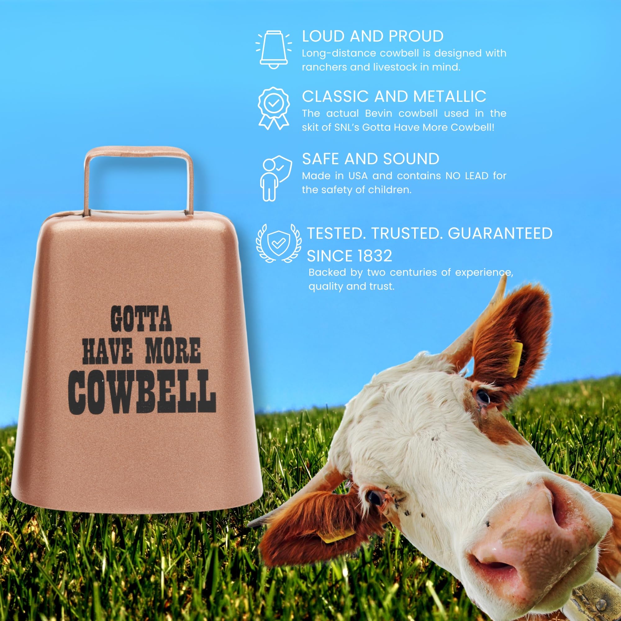 Bevin Bells Gotta Have More Cowbell (Xl) | Kentucky Cow Bell W/Copper Color | Made From Steel | Loud Noise Makers W/Handle |