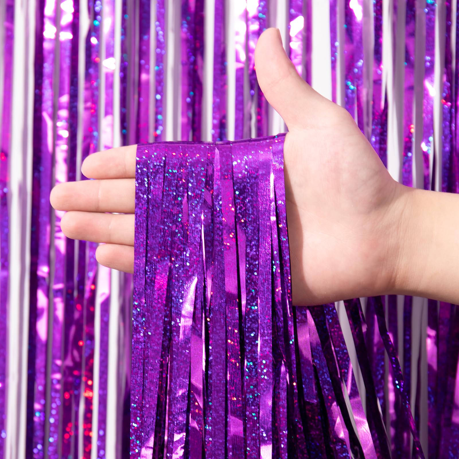 Voircoloria 3 Pack 3.3 X 8.2 Ft Laser Purple Foil Fringe Backdrop Curtains, Tinsel Streamers Birthday Party Decorations, Fringe