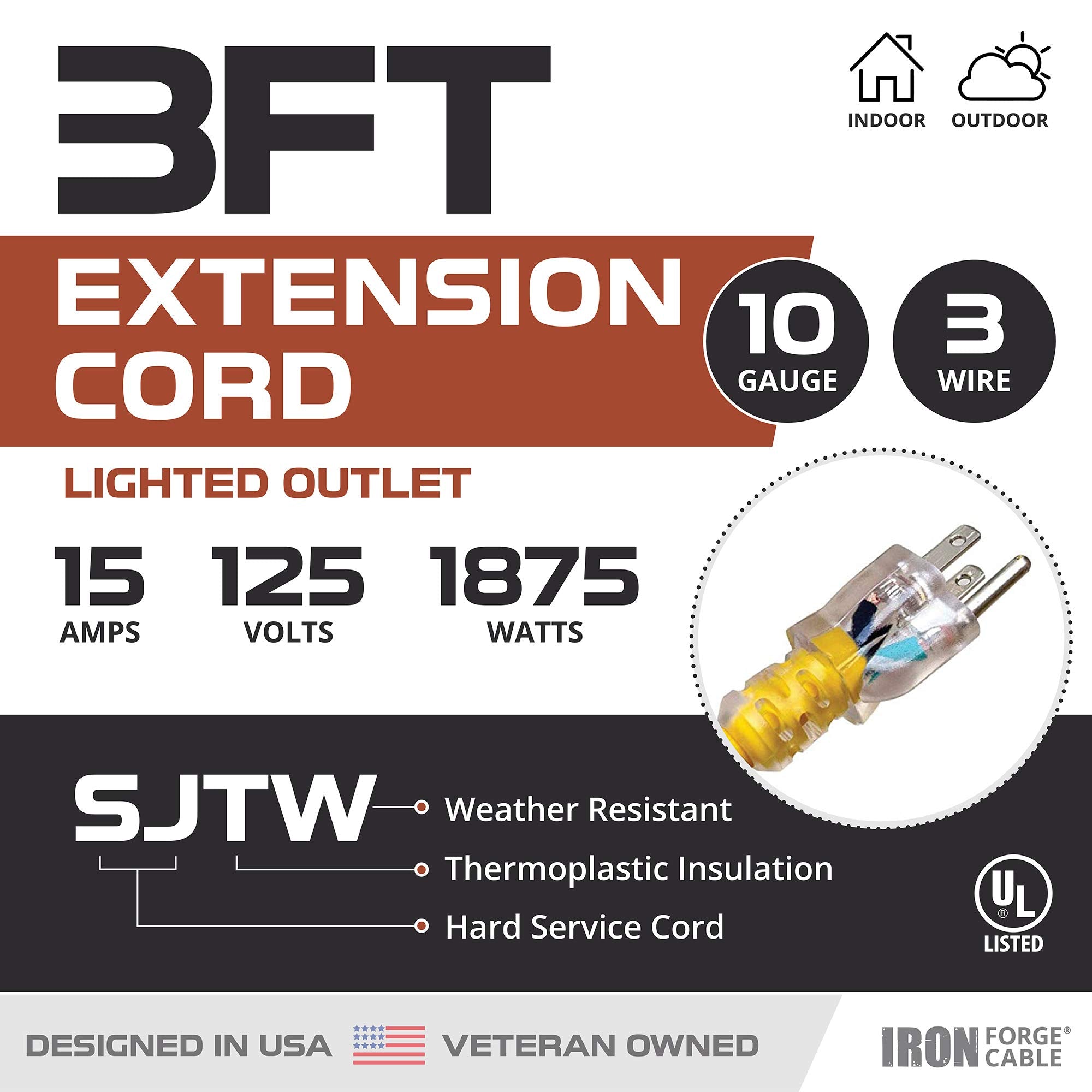 IRON FORGE CABLE 10 Gauge 3 ft Heavy Duty Extension Cord, Weatherproof Yellow, 15 AMP, Model IFC-103Y03
