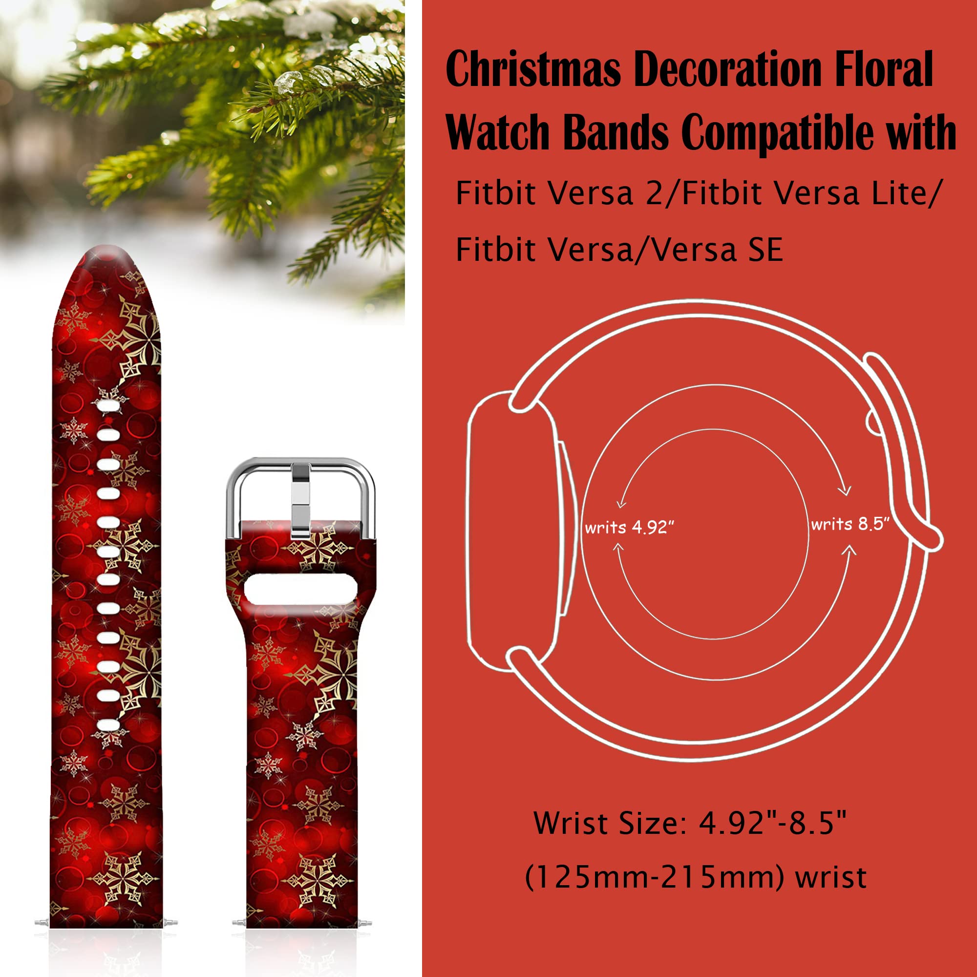 Ftfcase Christmas Silicone Sport Bands Compatible With Fitbit Versa/Versa 2/Versa Versa Se For Women Men, Red Christmas Snowflak