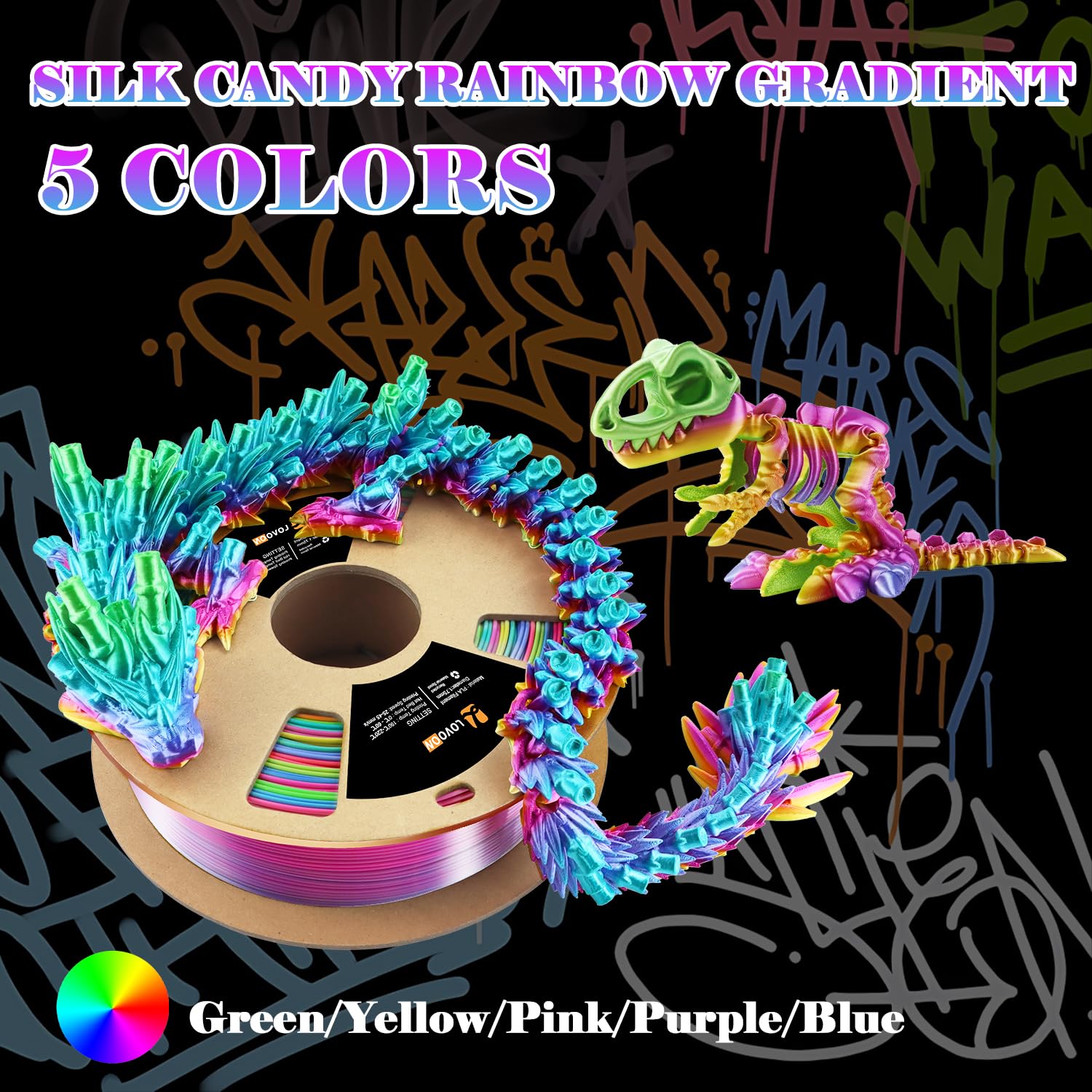 Lovoon Silk Pla 3D Printer Filament, Shiny Rainbow Pla Filament 1.75Mm, Color Change By Length Pla 3D Printing Filament, Multico