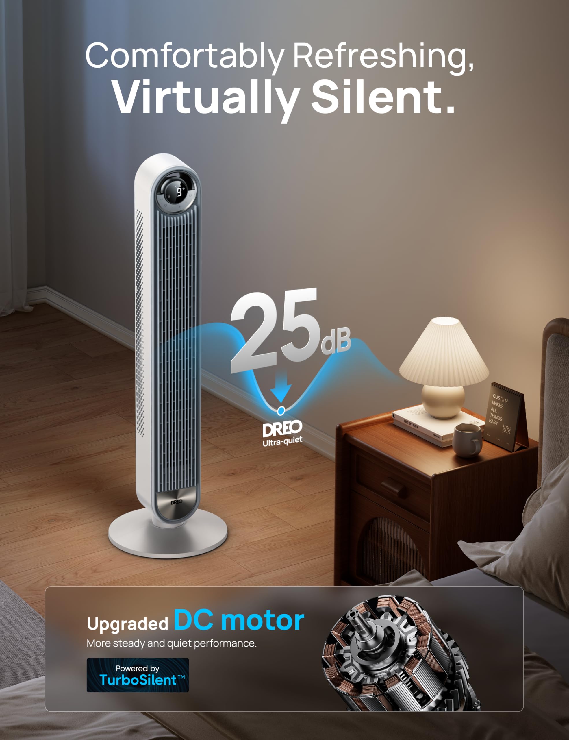 Dreo Tower Fan For Bedroom, Upgrated Dc 9 Speeds Utral Quiet Floor Fan, 90? Oscillating Fans For Indoors With 28Ft/S Velocity, 1