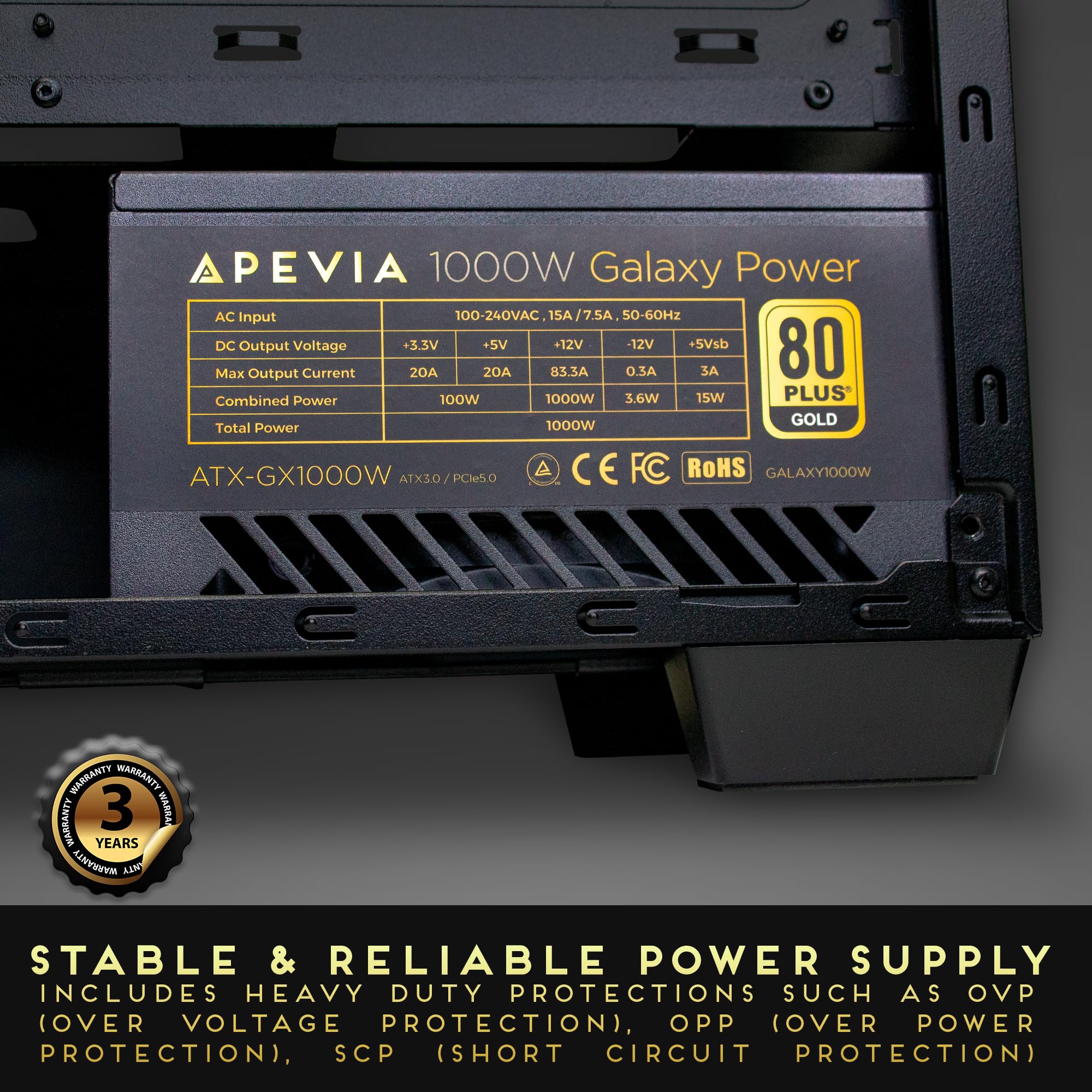 Apevia Atx Gx1000W Pcie 5.0 & Atx 3.0 Ready Galaxy 1000W 80+ Gold Certified, Gen 5 12Vhpwr Connector, Active Pfc Atx Semi Modula