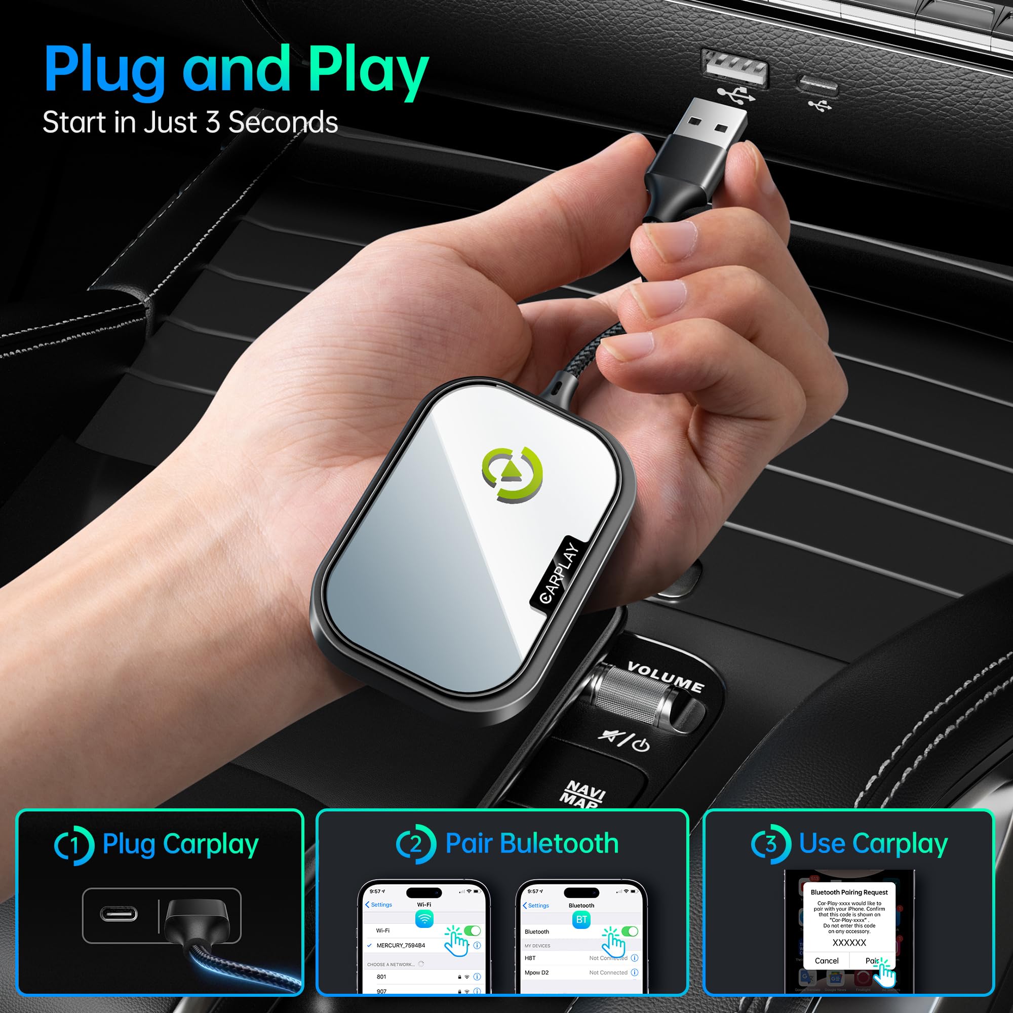 Carease Wireless Carplay Adapter, Converts Wired To Wireless Carplay Adapter For Apple Iphone, Wireless Control Plug & Play Carp