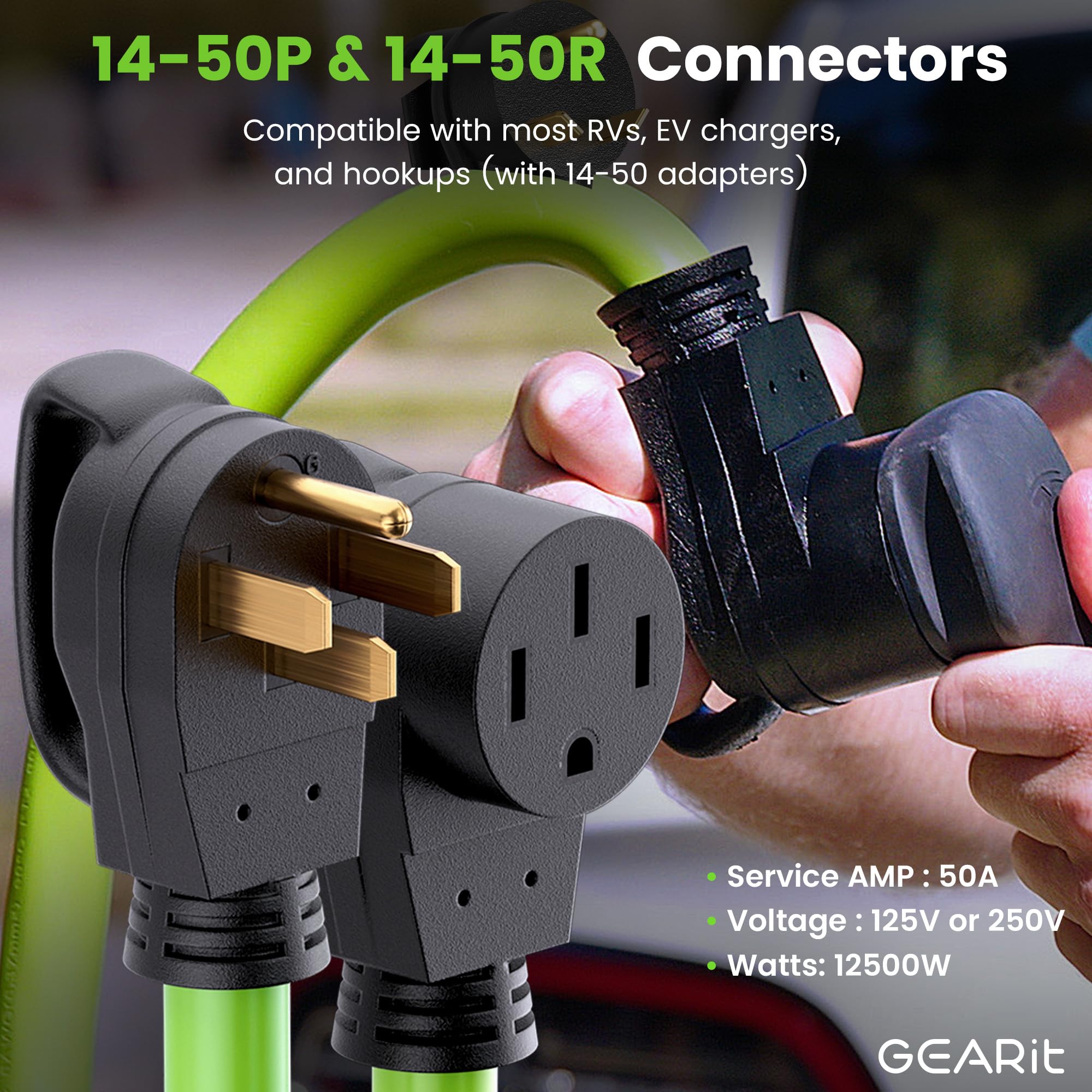 Gearit 50-Amp Extension Cord For Rv & Ev, 250-Volt, 4-Prong, Compatible With Tesla Models, Nema 14-50P To 14-50R 6/3, 8/1 Stw Aw