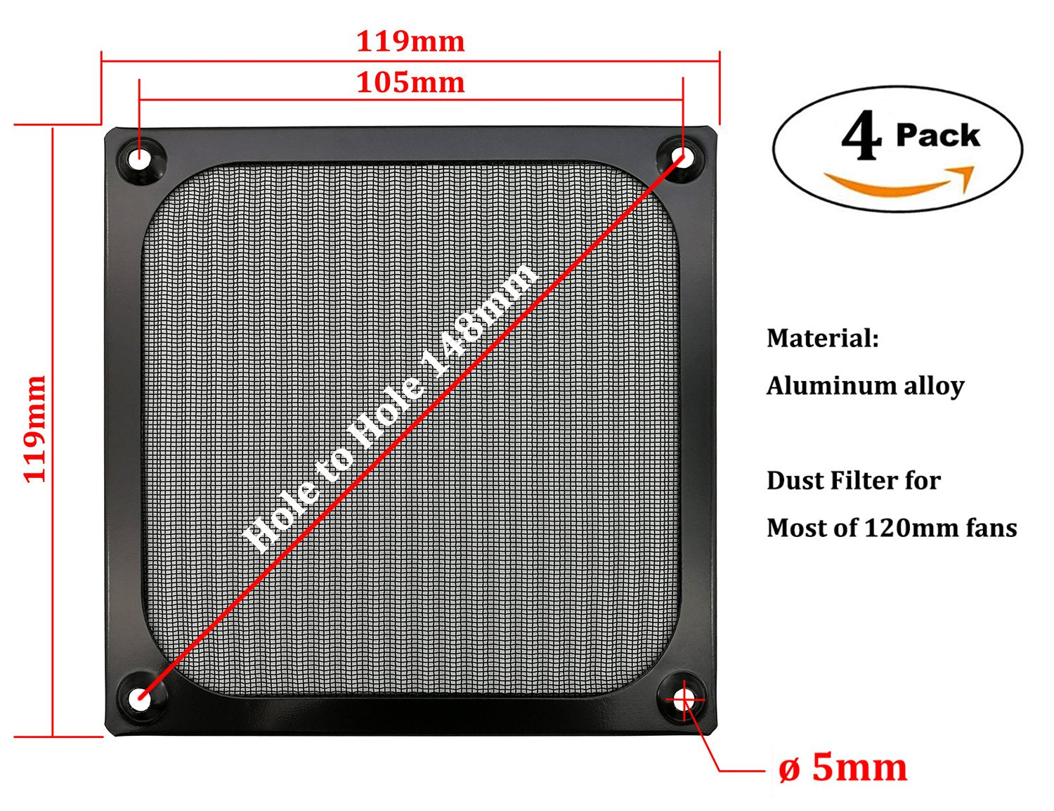 120Mm Computer Fan Filter Grills With Screws, Ultra Fine Aluminum Mesh, Black Color   4 Pack