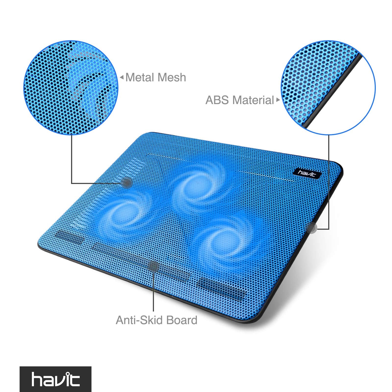 Havit Hv F2056 15.6 17 Inch Laptop Cooler Cooling Pad   Slim Portable Usb Powered (3 Fans) (Blue)