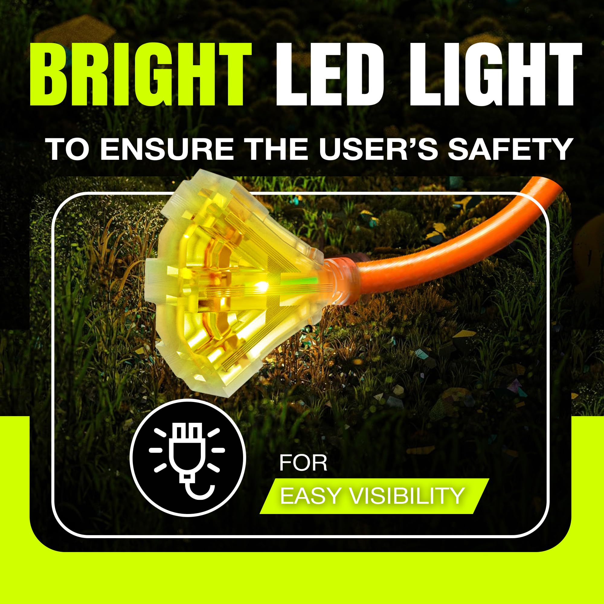 50Ft Power Outdoor Extension Cord & Indoor   Waterproof Electric Drop Cord Cable   3 Prong, 3 Outlet, Sjtw, 12 Gauge, 15 Amp, 12