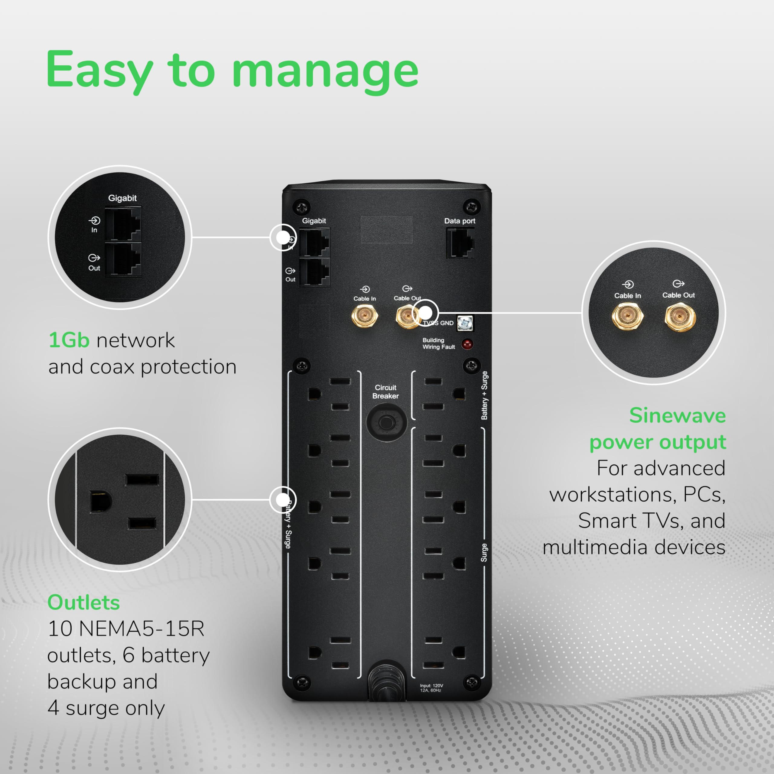 Apc Ups 1000Va Sine Wave Ups Battery Backup And Surge Protector, Br1000Ms Backup Battery Power Supply With Avr, (2) Usb Charger