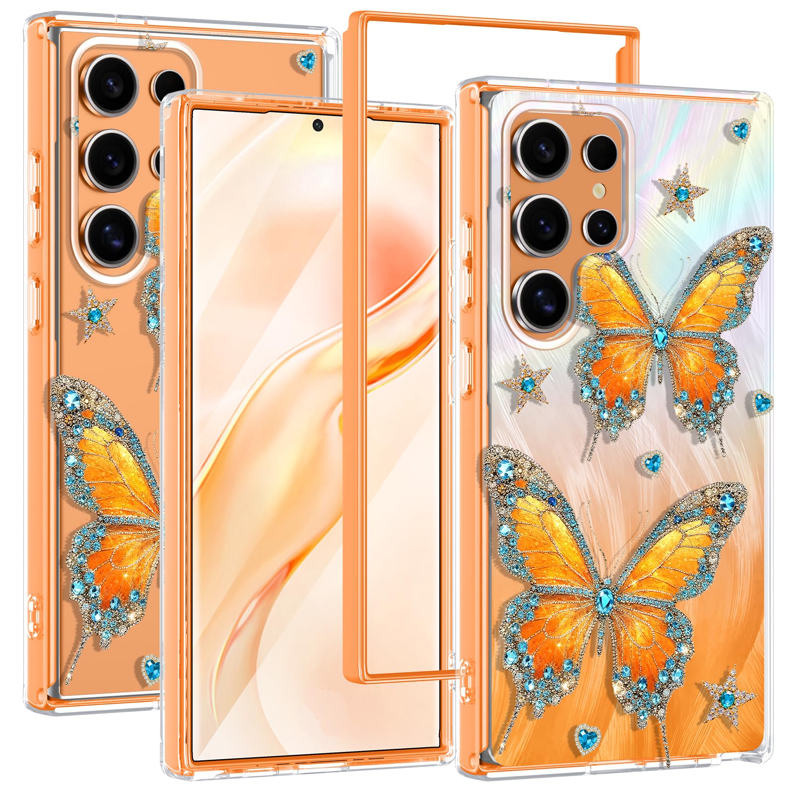 Rancase for Samsung Galaxy S24 Ultra Case, Translucent Butterfly Design, Removable Glitter Card, Hard PC&TPU Bumper 2-in-1 Prote