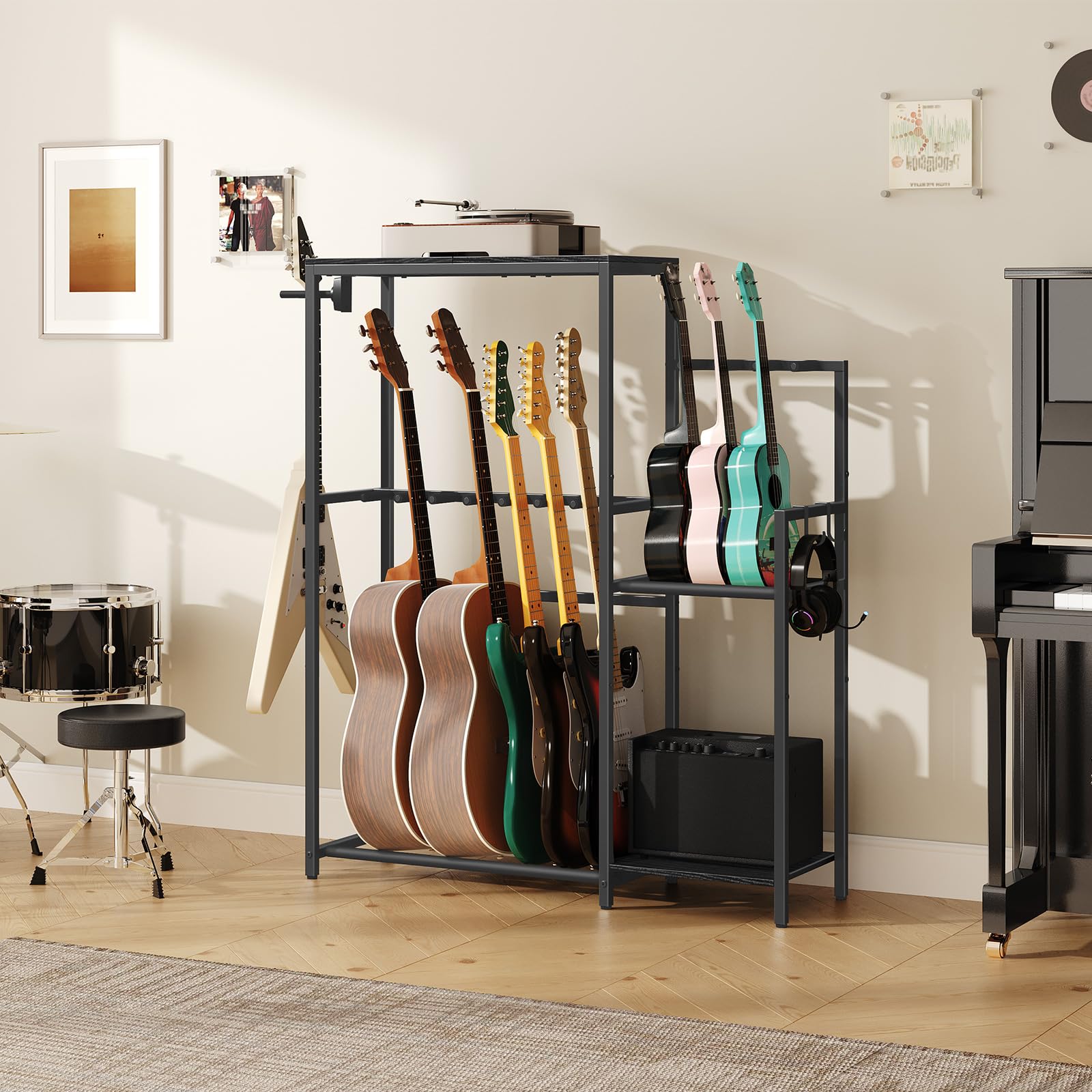 Mahancris Guitar Stand, Multi-Guitar Rack, For Acoustic, Electric Guitar, Bass, Ukulele, Banjo, For 7 Guitars, Guitar Amp Stand,