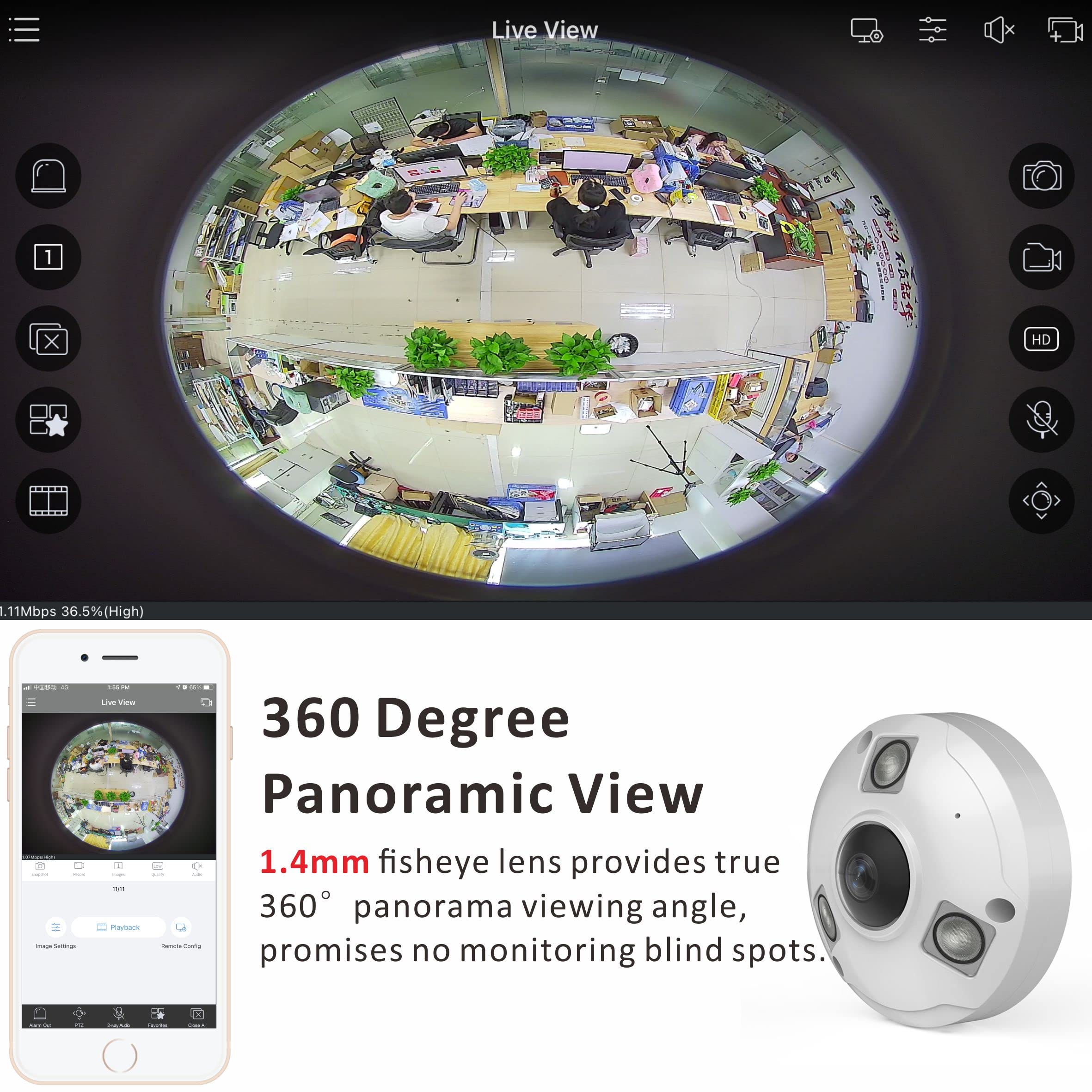 Inwerang 5Mp Poe Ip Fisheye Camera, One Way Talk, 1.44Mm Lens 360 Viewing Angle, 48Ft Infrared Night Vision, Motion Detection, W