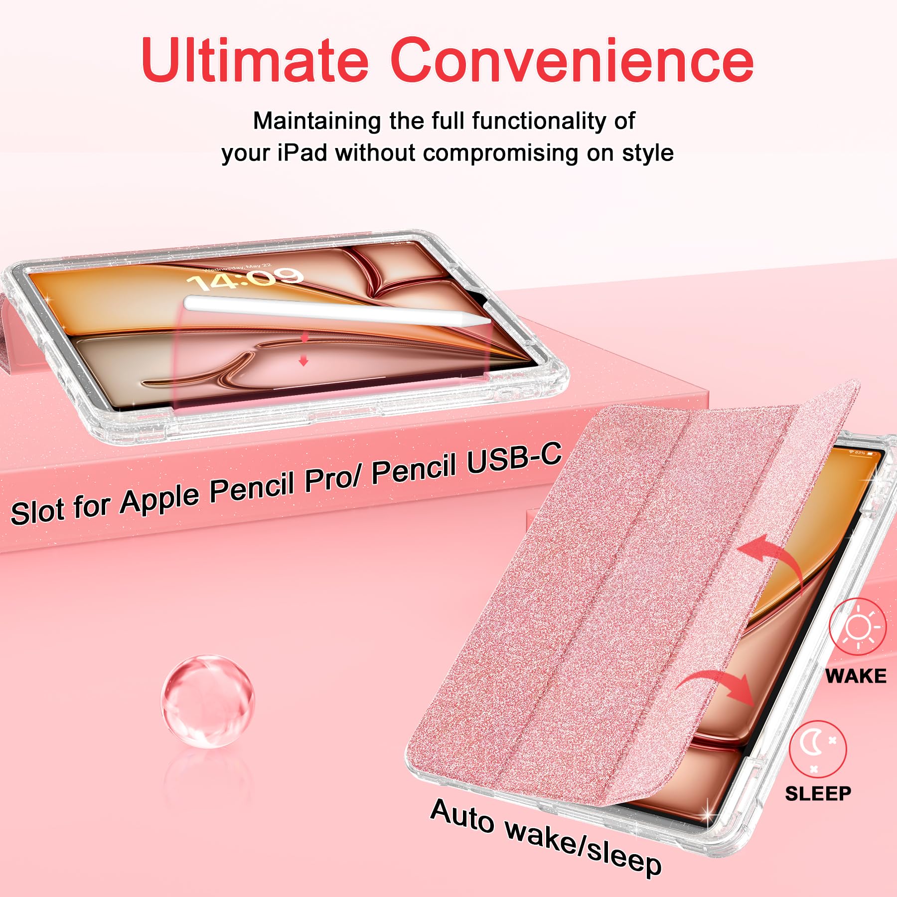 Sevrok Glitter Case For Ipad Air 13 Inch M2 (2024),Screen Protector With Pencil Holder,Sparkle Glitter Leather Trifold Stand Mag