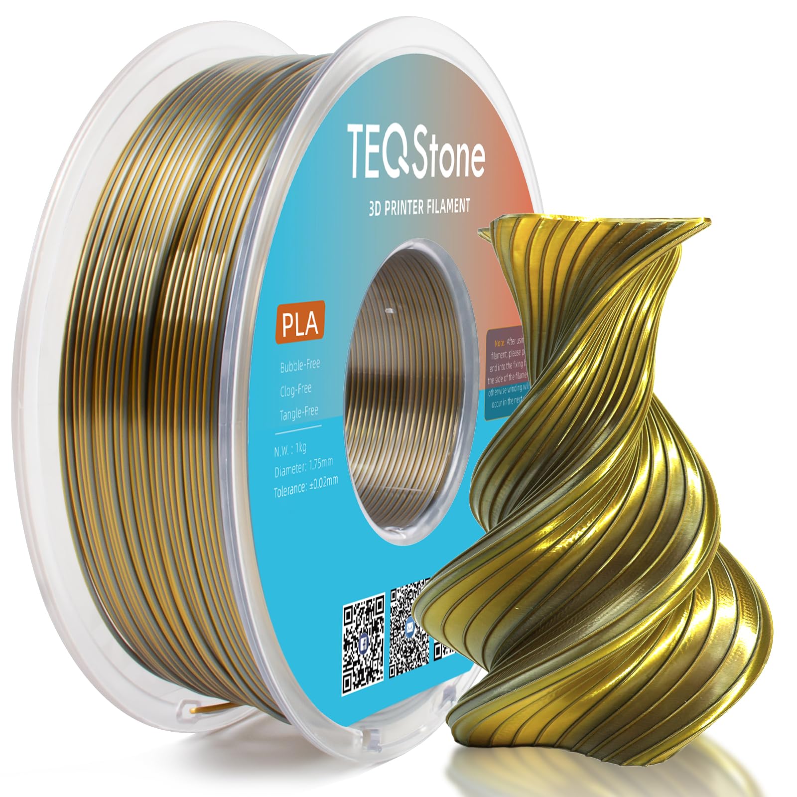 TEQStone Dual Color Silk PLA Filament 1.75mm Gold Silver 1KG, Shiny High Gloss Finish, Seamless Color Transition, Neatly Wound, 