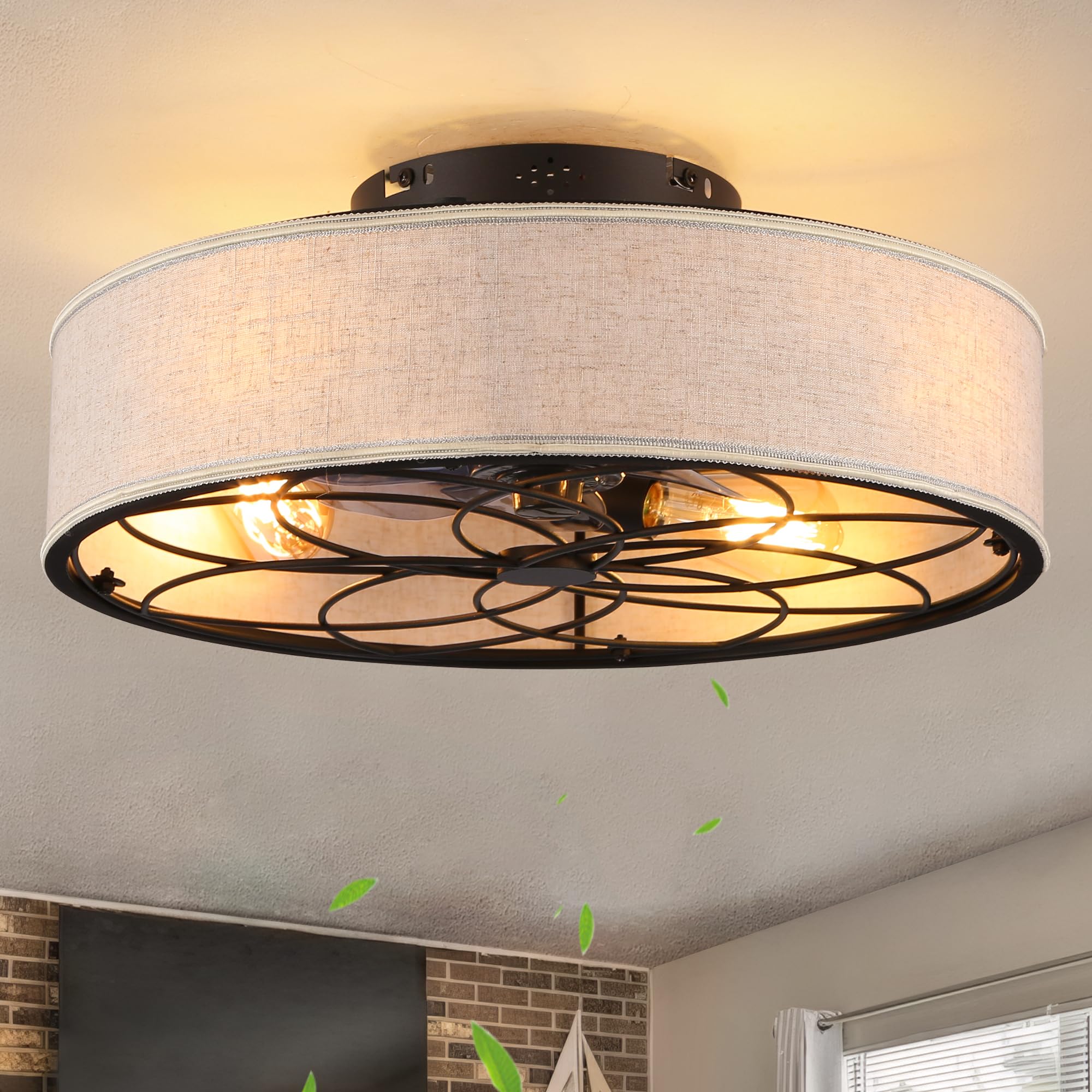 20'' Caged Ceiling Fan With Light Low Profile Fabric Farmhouse Bladeless Ceiling Fan With Remote Control,Low Profile Modern Encl
