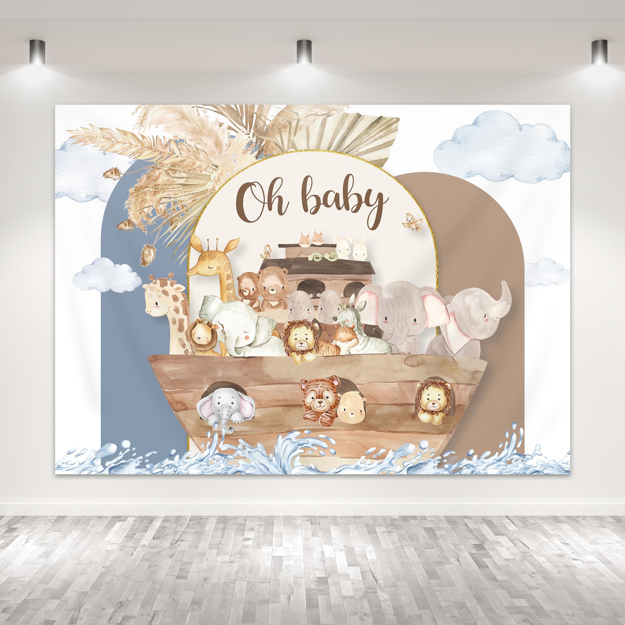Glawry Noah'S Ark Backdrop For Photography 7Wx5H Feet Oh Baby Boho Blue Pampas Flower Cartoon Woodland Animal Ocean Lovely Cloud